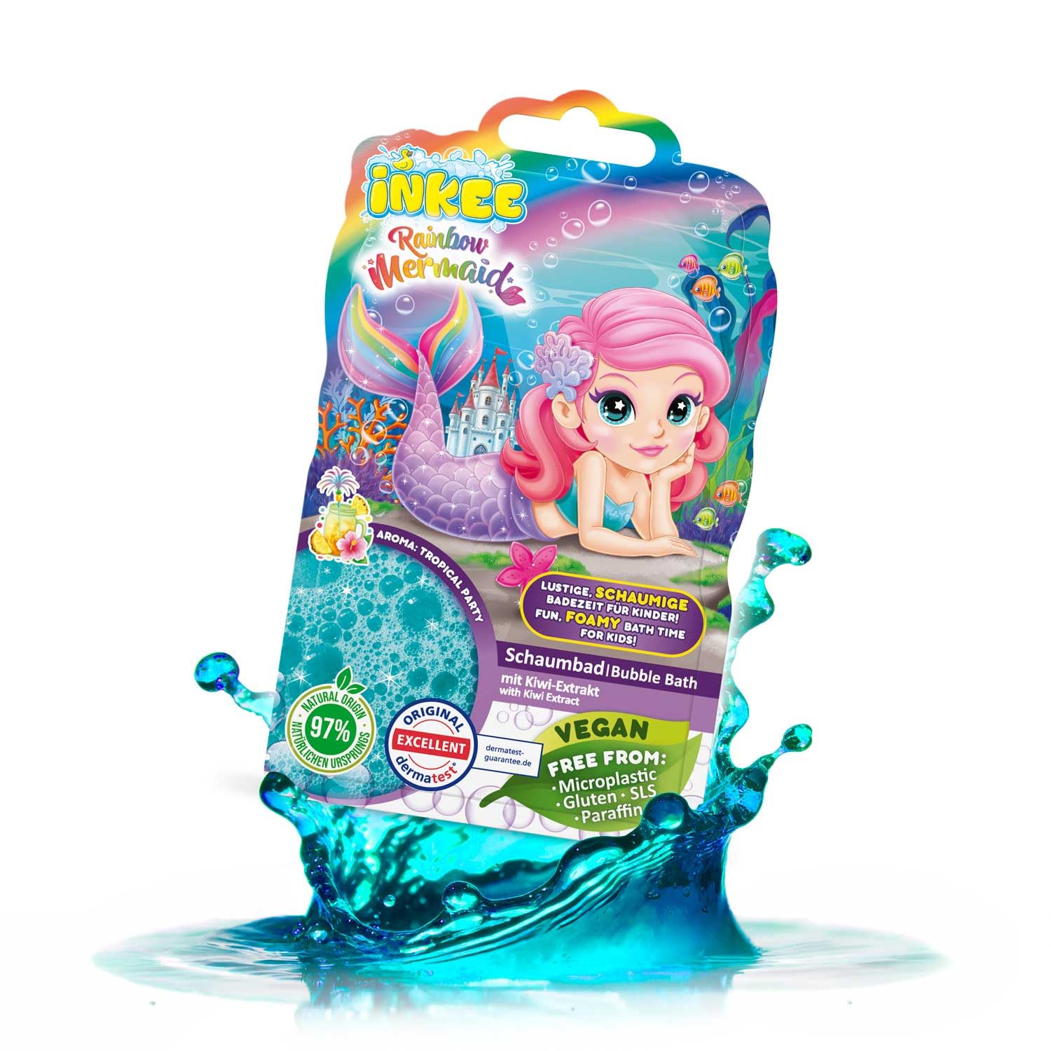INKEE Bubble Bath Liquid Rainbow Mermaid – Colour-Changing Kids Bubble Bath Sensitive Skin with Tropical Scent, Turquoise, 40 g Bag