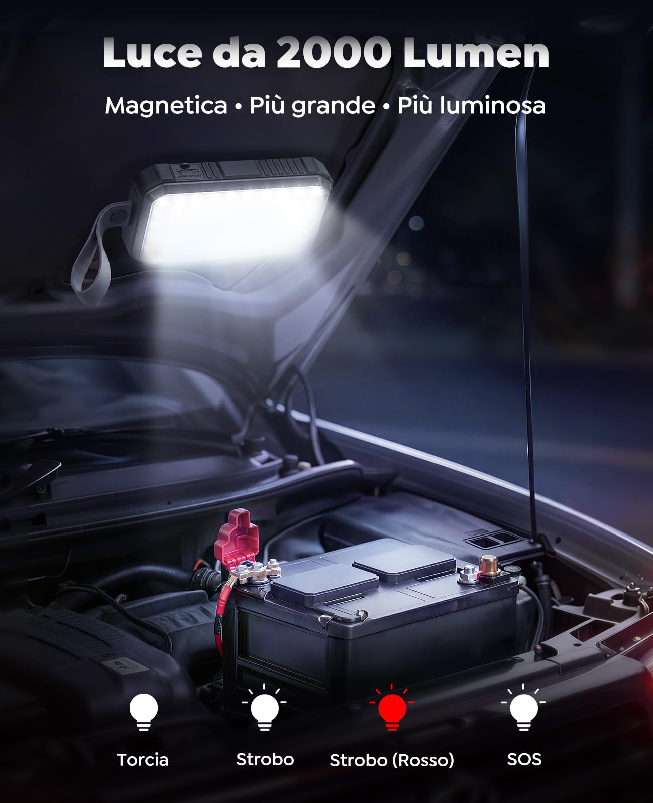 TREKURE Avviatore Batteria Auto, 8000A Avviatore di Emergenza per Auto/Moto (9.0L Benzina / 6.5L Diesel), Booster Avviamento Auto con Luce LED da 2000 Lumen (4 Modi), Morsetti Intelligenti e Cavo USB