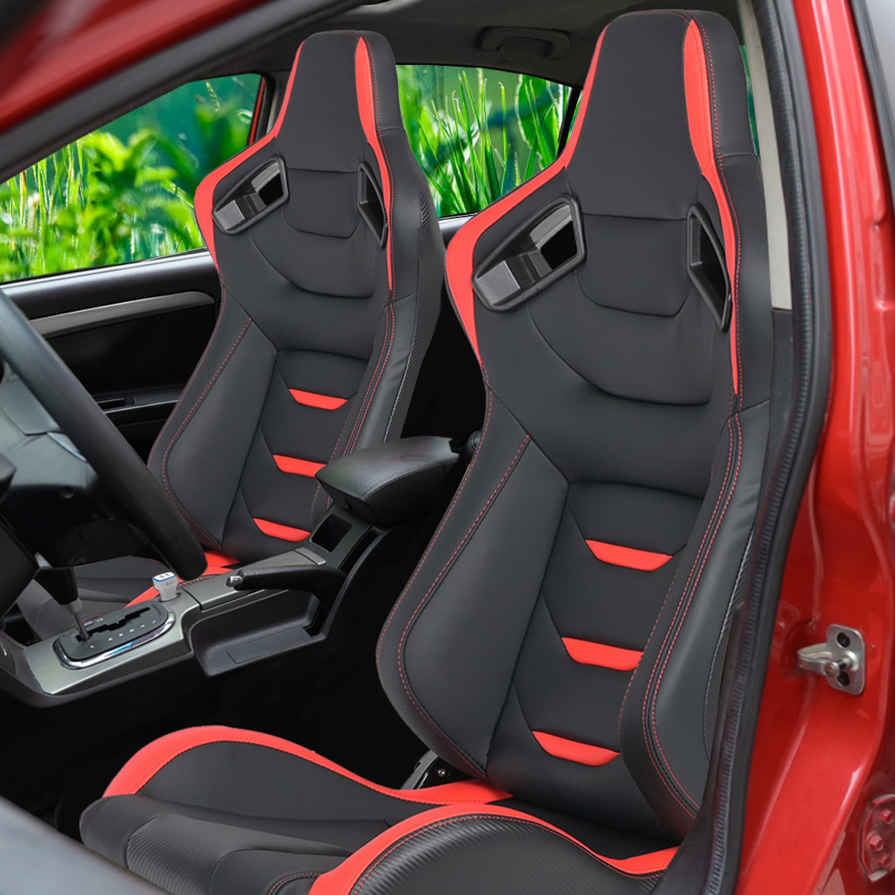 WIILAYOK 2 Pack Racing Seats, 1 Pair Bucket Seats with Dual Lock Sliders for Front-Back Adjustment, PVC Leather Universal Racing Seats for Cars, Black & Red