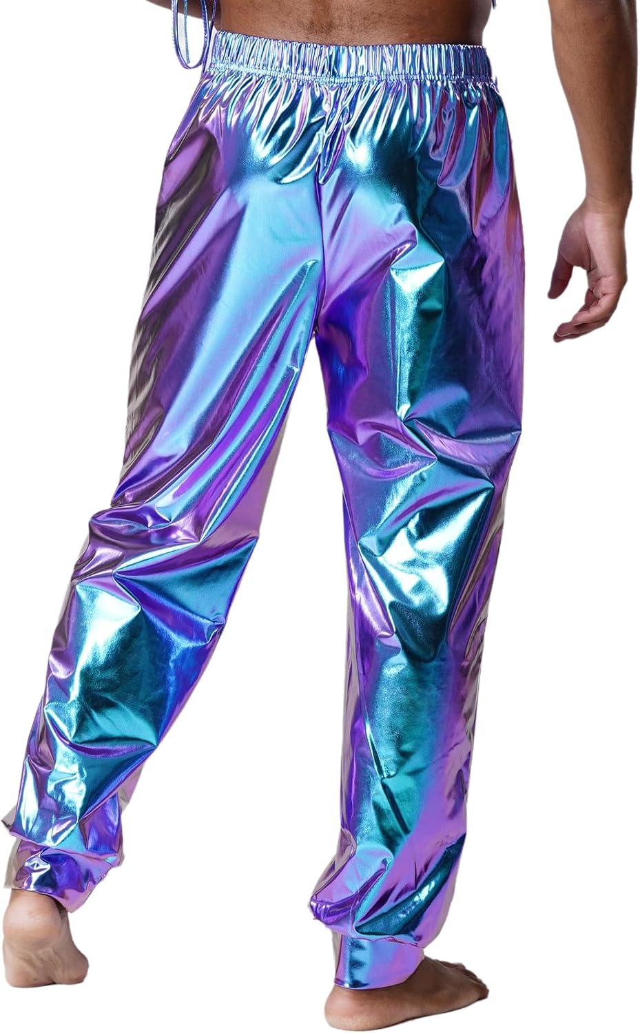 Mens Shiny Metallic Herem Pants High Waist Side Pockets Baggy Pants Disco Dance Trousers