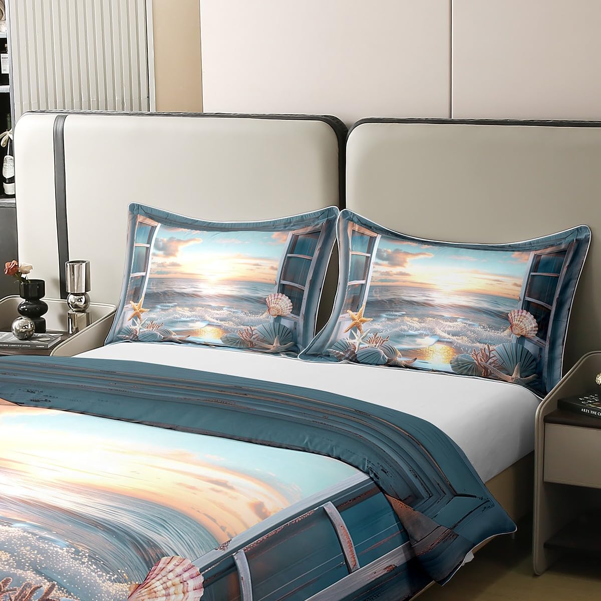 Coton Housse de Couette Océan Parure de Lit 240 x 260 Nuages Coucher de Soleil Vague Couvre Lit pour Amants Garçons Fenêtre en Bois Étoile de Mer Coquille Vie Marine Literie 2 Taies d'oreiller