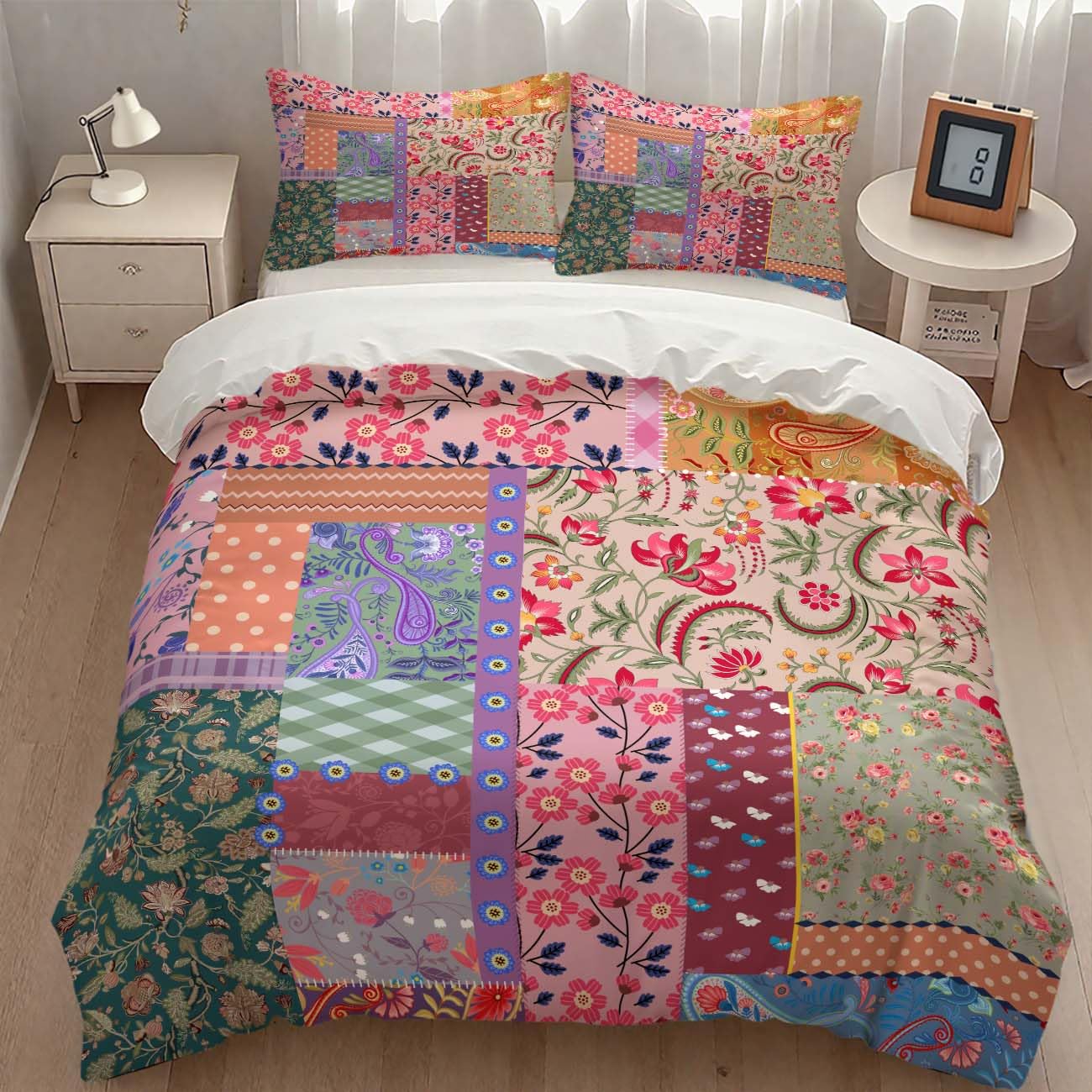 Floral Bedding Duvet Cover Set,Country Retro Boho Wildflowers Splicing Design Paisley Pattern Purple Patchwork Flowers Bedding Duvet Cover Set with Pillowcase for Bedroom Bed Decor,Twin 86"x70"