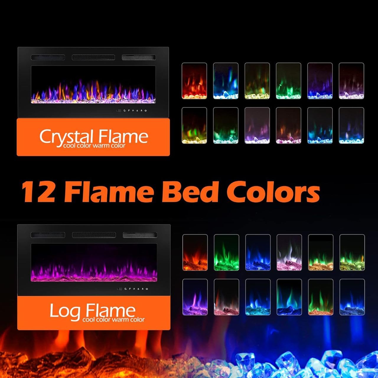 Mystflame Crystal 60 - Caminetto Elettrico da Parete con Wi-Fi, 152 cm, Ultra Sottile 8 cm, 12 Colori Fiamma, Termostato 750/1500W, Comoda Stufa Riscaldante, Touch Screen e Timer