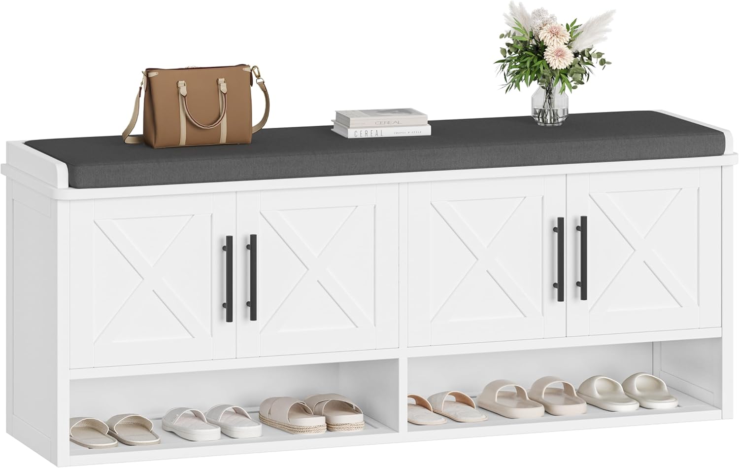 Farmhouse Shoe Storage Bench with Cushion, 47.2" Wide Entryway Bench with Adjustable Shelves and Open Bottom Shelf, Hidden Shoe Cabinet Storage for Entryway, Hallway, Bedroom White