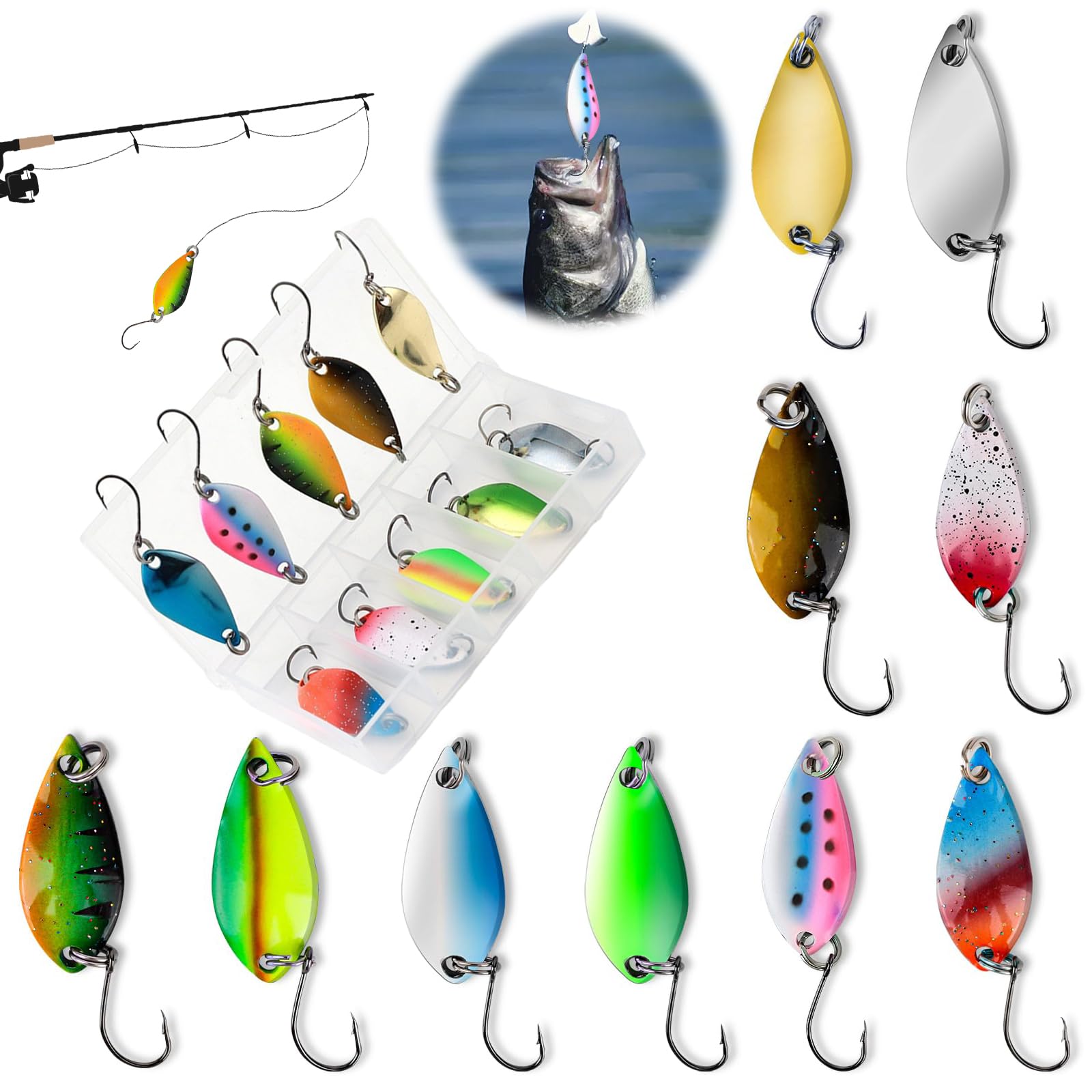 Twist Spoons Forellen Set – 10 Stück, UV-Aktiv, 3g | Mit Box & Rolling Swivels | Perfekt Für Forelle, Hecht, Barsch