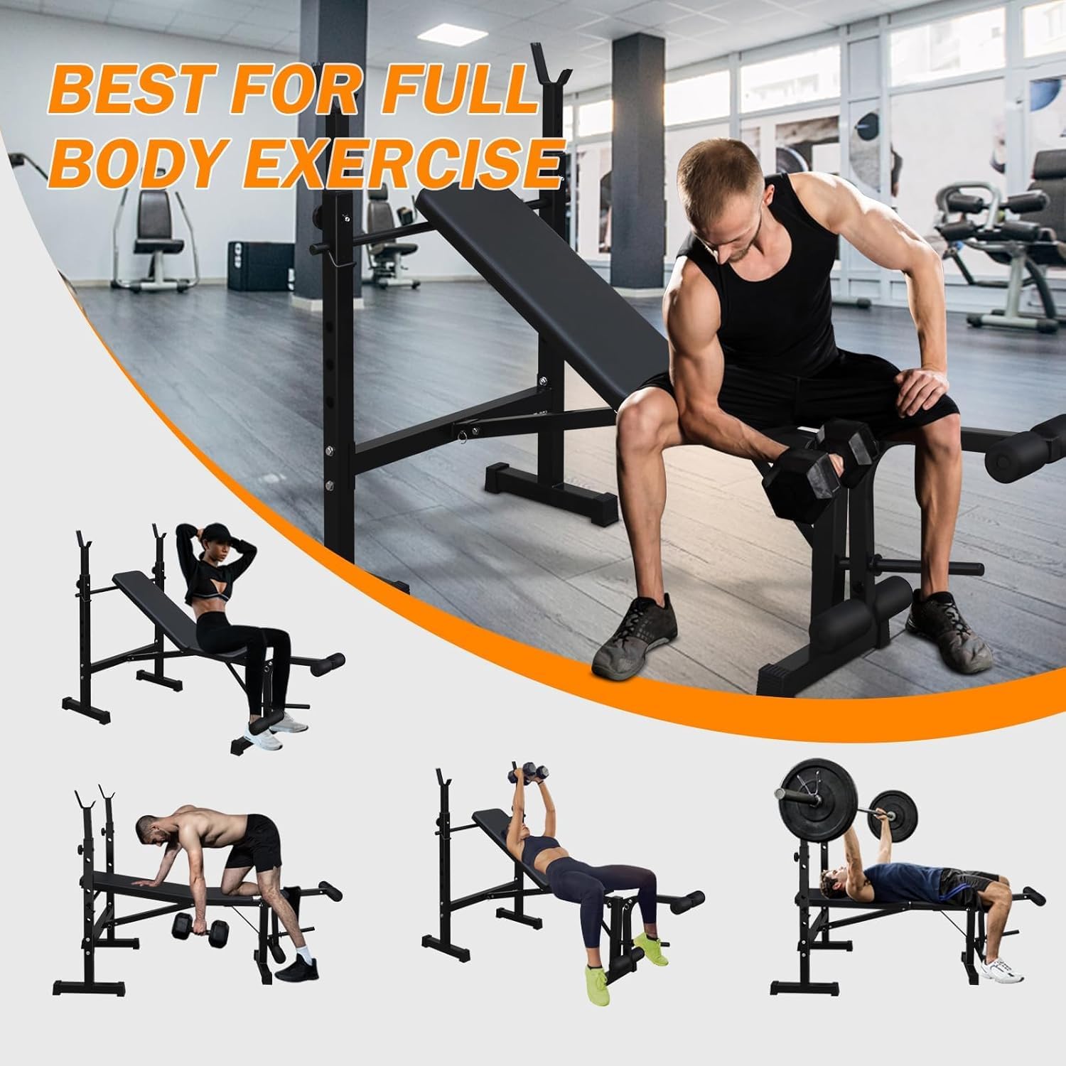 GarveeTech Banco de Pesas Ajustable 330 lb, Soporte para Barra, Respaldo Reclinable, Desarrollador de Piernas, Altura Regulable, Banco Multifuncional Plegable para Entrenamiento de Fuerza en Casa