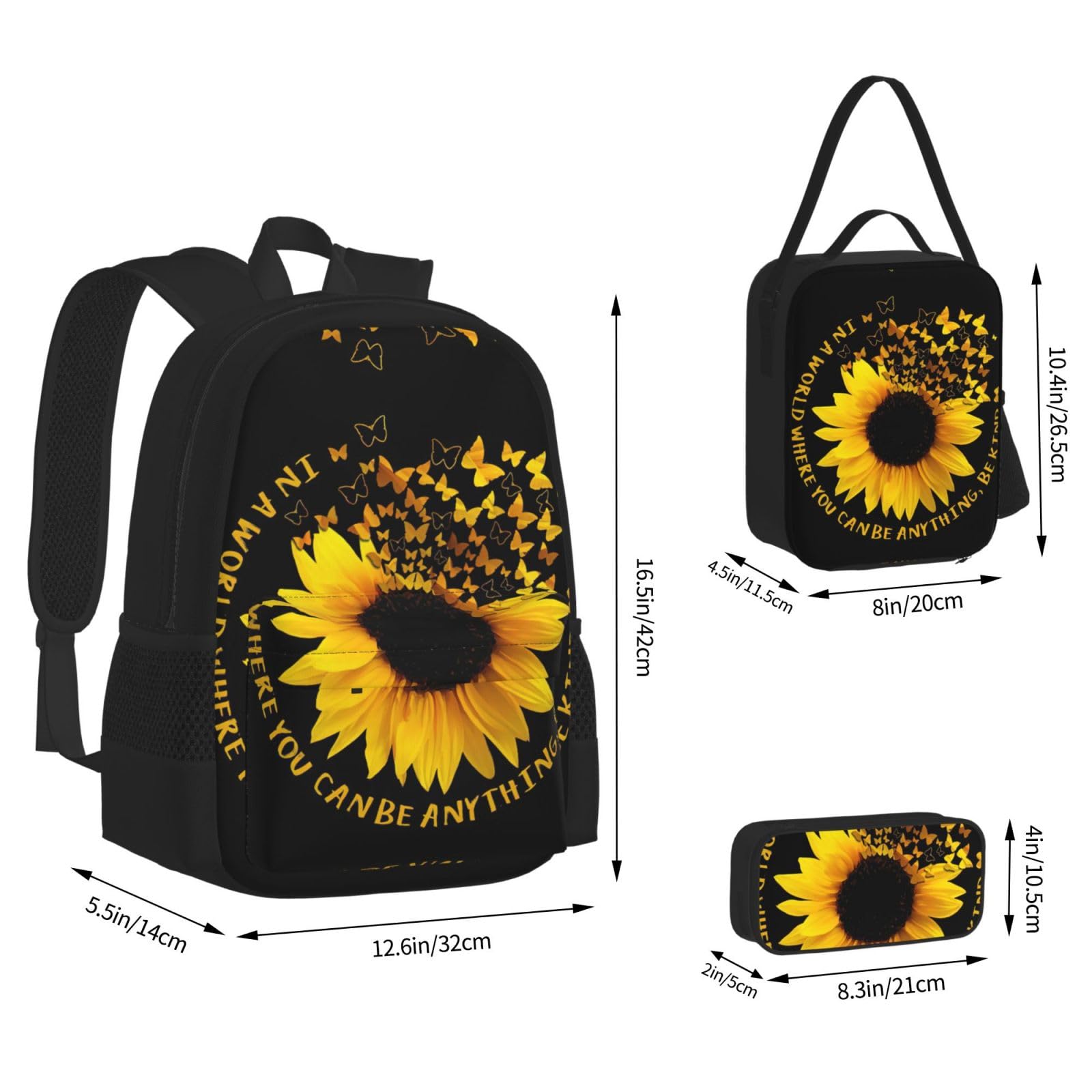 Juego de 3 mochilas escolares con estampado de mariposas y girasoles, mochila para laptop resistente al agua de gran capacidad con bolsa de almuerzo aislada y estuche para lápices para