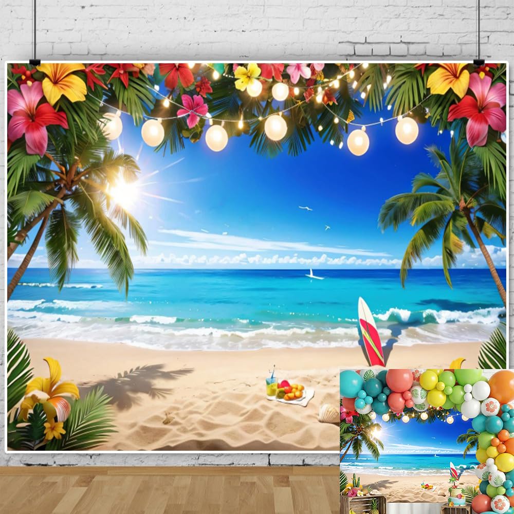 10x8ft Summer Beach Hawaiian Backdrop Tropical Palm Flower Seaside Scenery Hawaiian Photography Background Luau Party Decorations Backdrops Banner