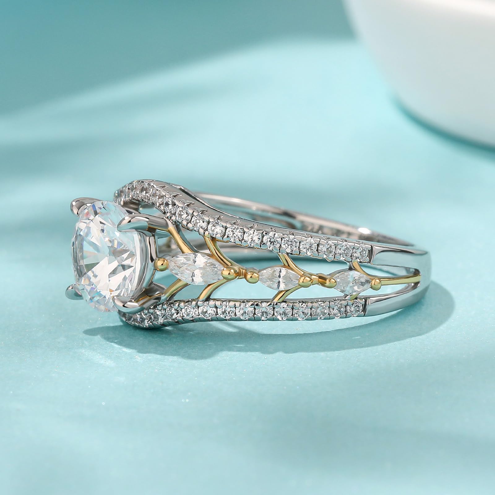 Jeulia Bagues rondes en argent sterling pour femme bagues de fiançailles bicolores avec boîte à bijoux pour femme, petite amie, anniversaire de mariage, Saint-Valentin