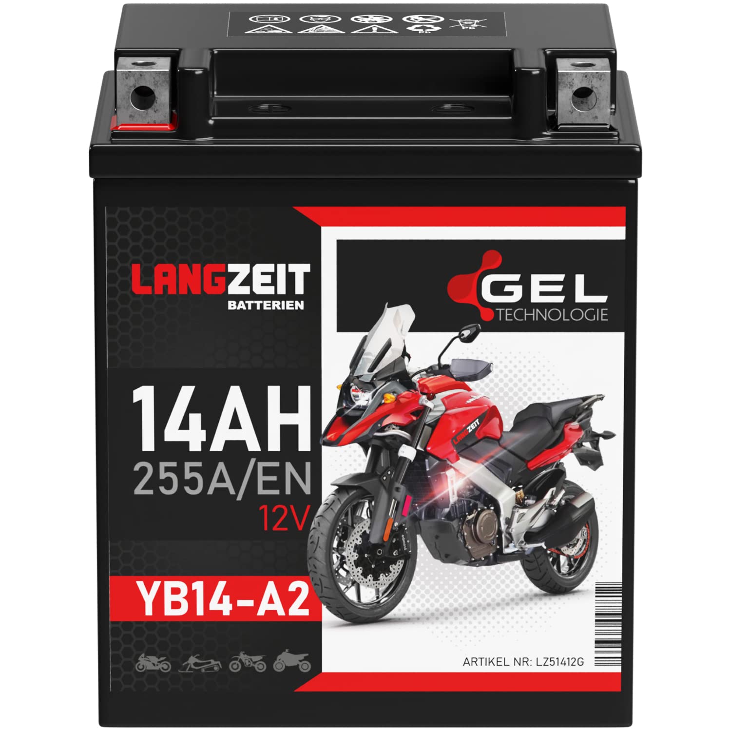 LANGZEIT YB14-A2 batterie moto 12V 14Ah GEL YB14-B2 51412 YB14A-A1 FB14-A2