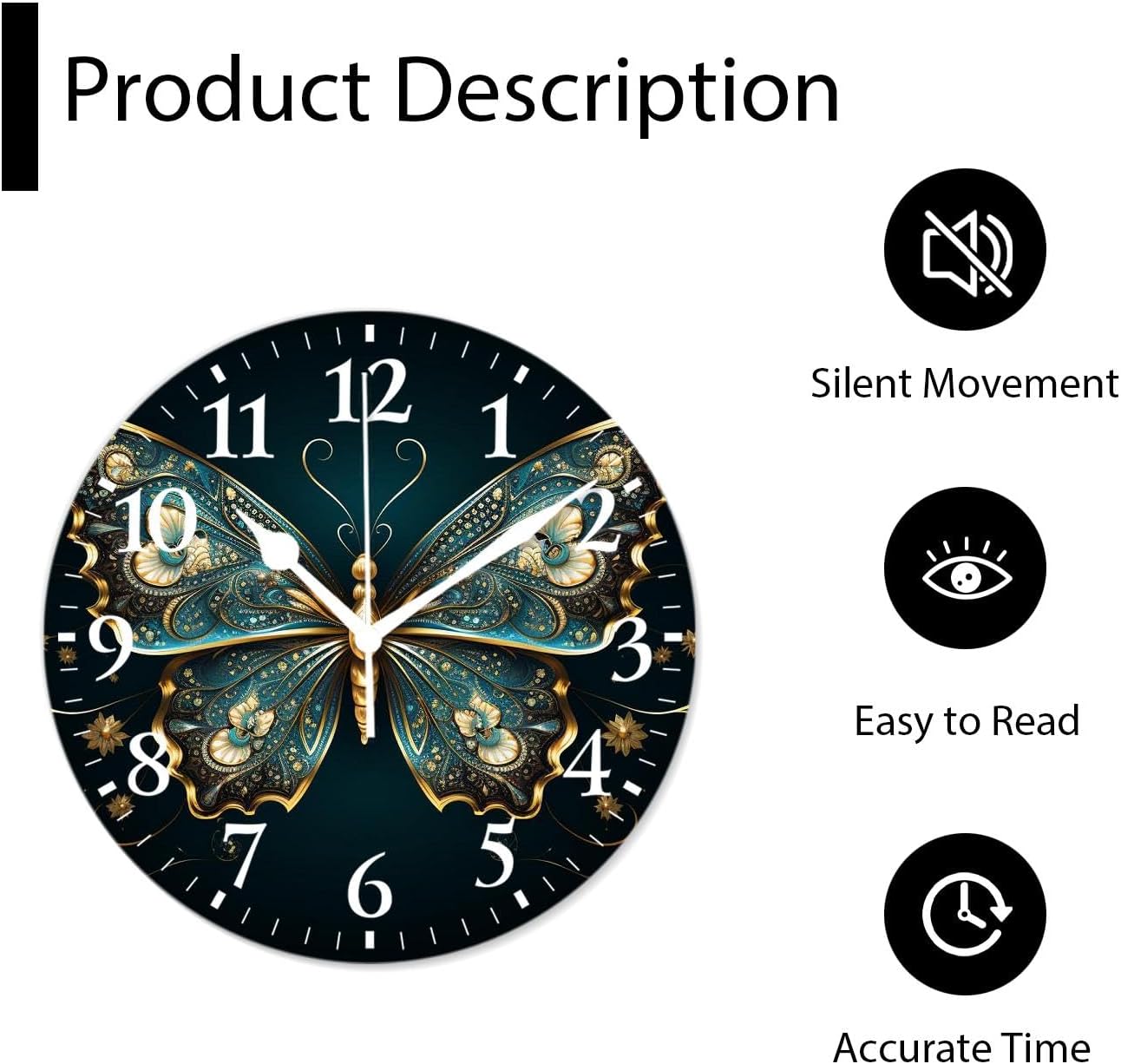 Battery Operated Analog Wall Clocks Non-Ticking Quiet Clock Decorative for Bedroom,Office,Bathroom-Exquisite Golden Butterfly(16inch)