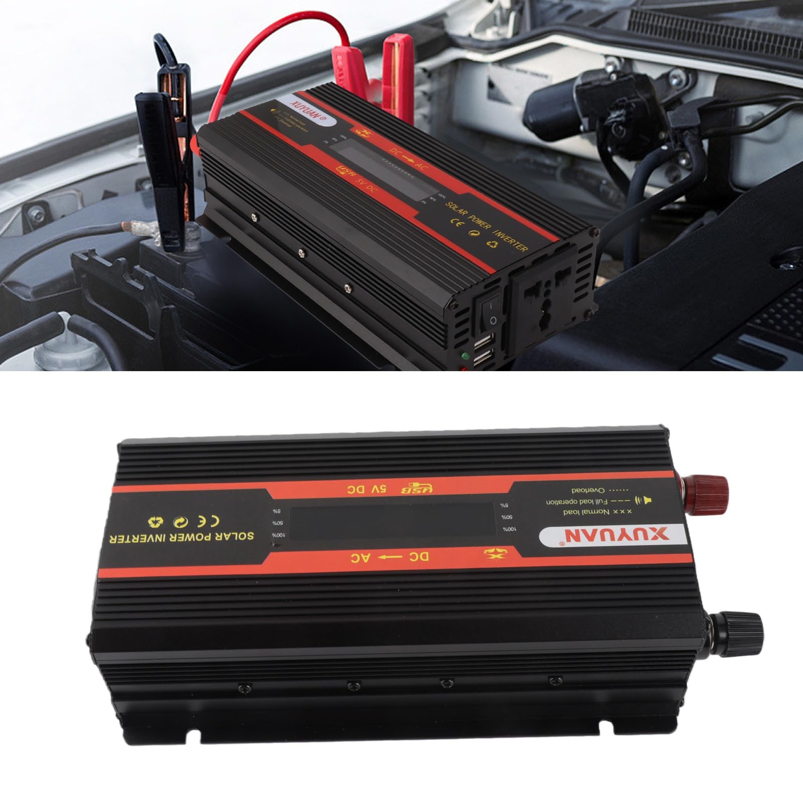 Cuifati Inversor de Onda Sinusoidal Pura de 1000 W, Inversor de Corriente para Coche de 12 V 24 V con Disipación de Calor Automática, Inversor de Corriente Solar para Coche con