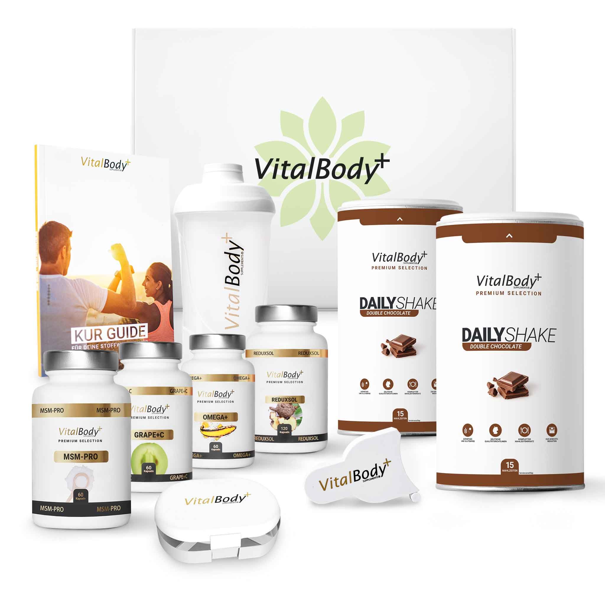 VitalBody+ 30 Tage Stoffwechselkur Premium, HCG-Diät, Mahlzeitenersatz-Shake, MSM, OPC, Omega-3 & Sättigungskapseln, VIP Coaching (9 -teiliges Set)