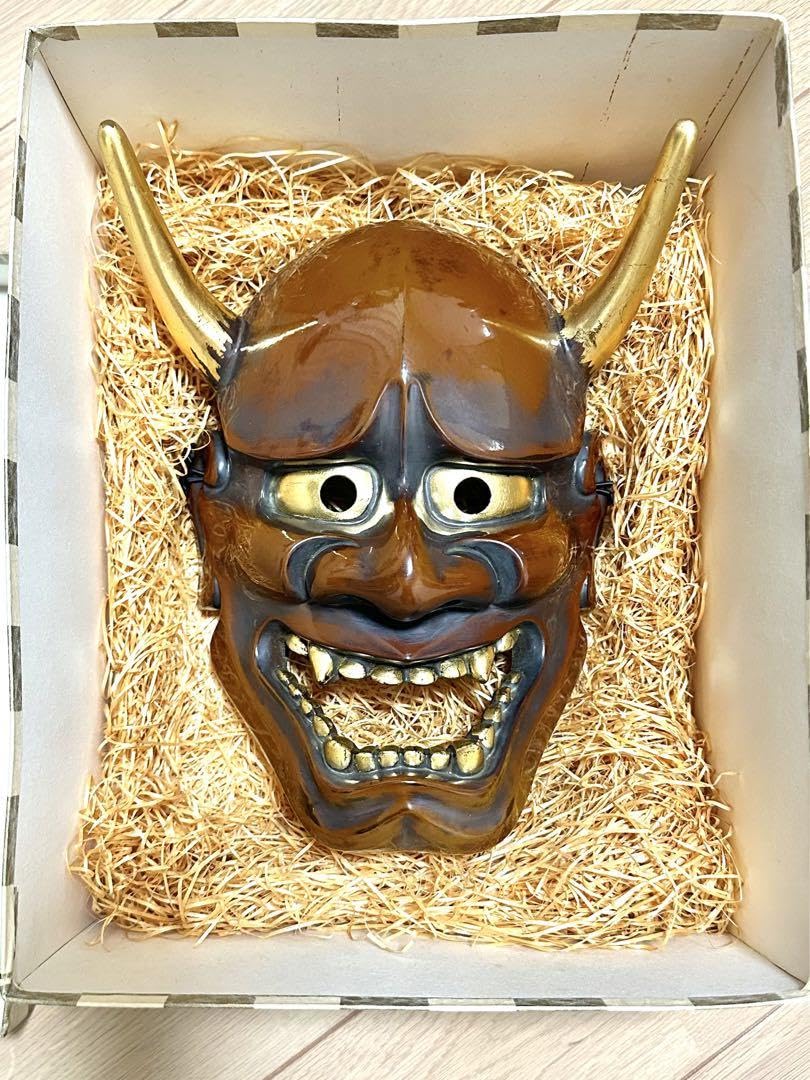 木彫般若お面 Amazon.co.jp: N) 般若面 木彫 木製 極上木目 魔除け 刳抜 能面