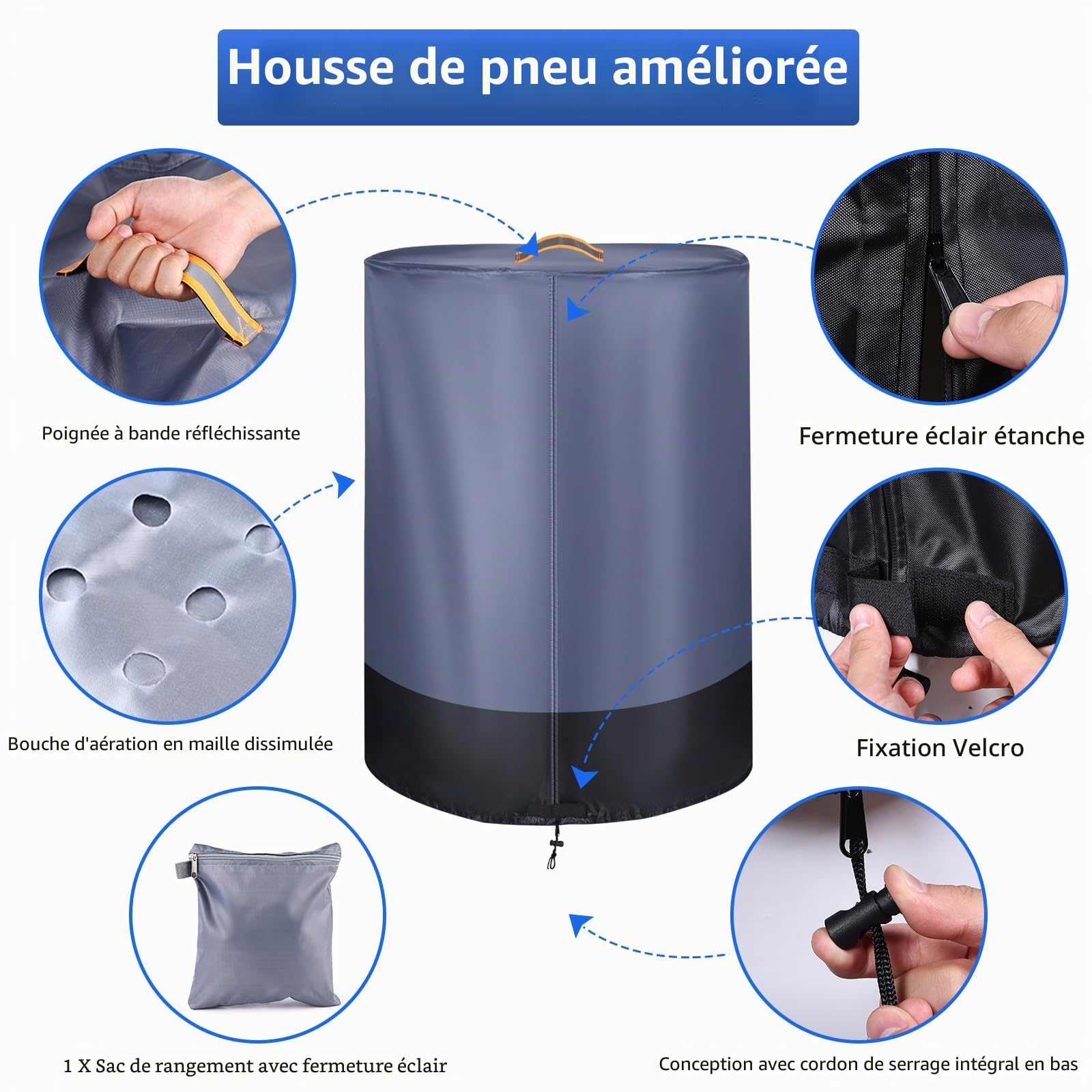 Grande Housse de Pneu pour Le Rangement, Sac de Rangement pour pneus 420D Durable, étanche à l'eau et à l'intérieur, Housse de Protection Universelle Contre la poussière avec Fermeture éclair étanche