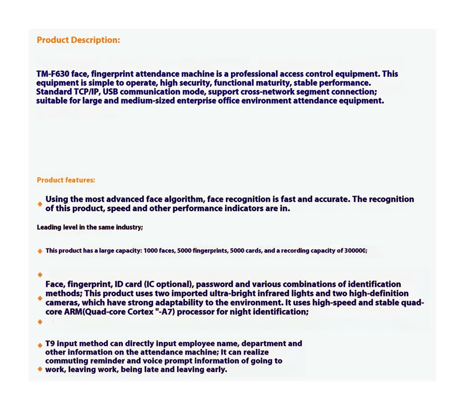 Registratore di dispositivi for presenze volti e impronte digitali for aziende TM-F630,Soluzione per ufficio robusta