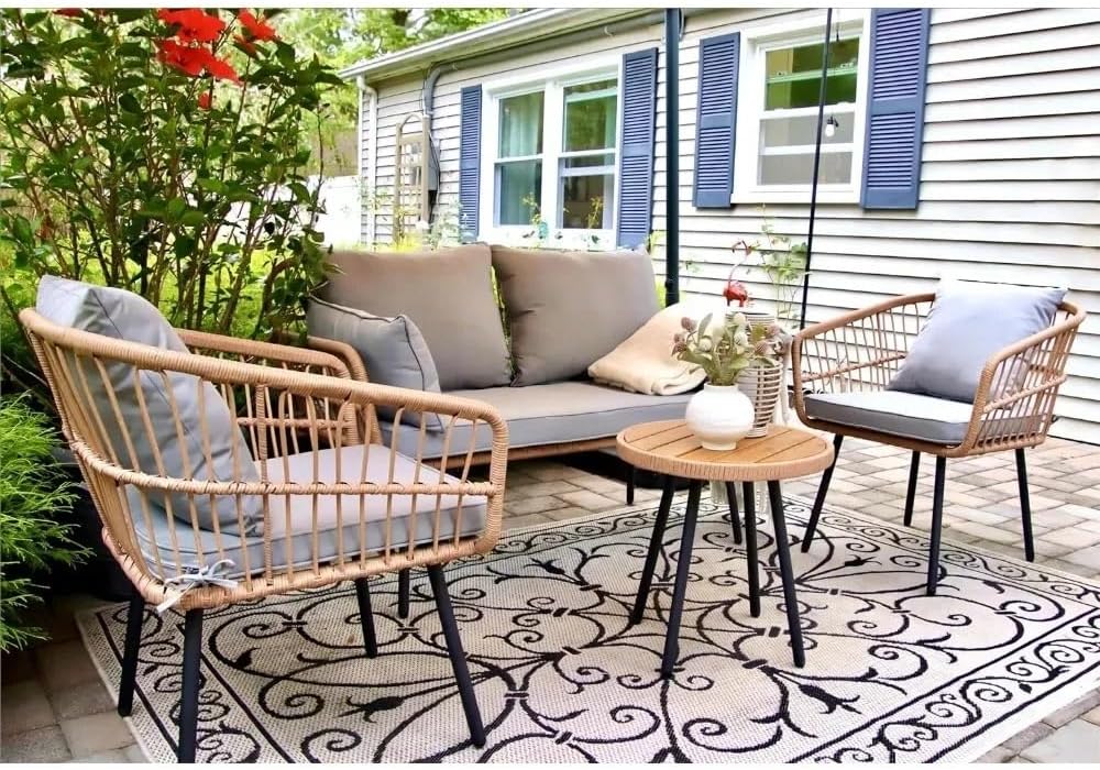 Outdoor Furniture Set, Outdoor Furniture,Patio Conversation Sets, Outdoor Sofa Set 4 with Loveseat Chairs Table Soft Cushions, Outdoor All-Weather Rattan Conversation Set