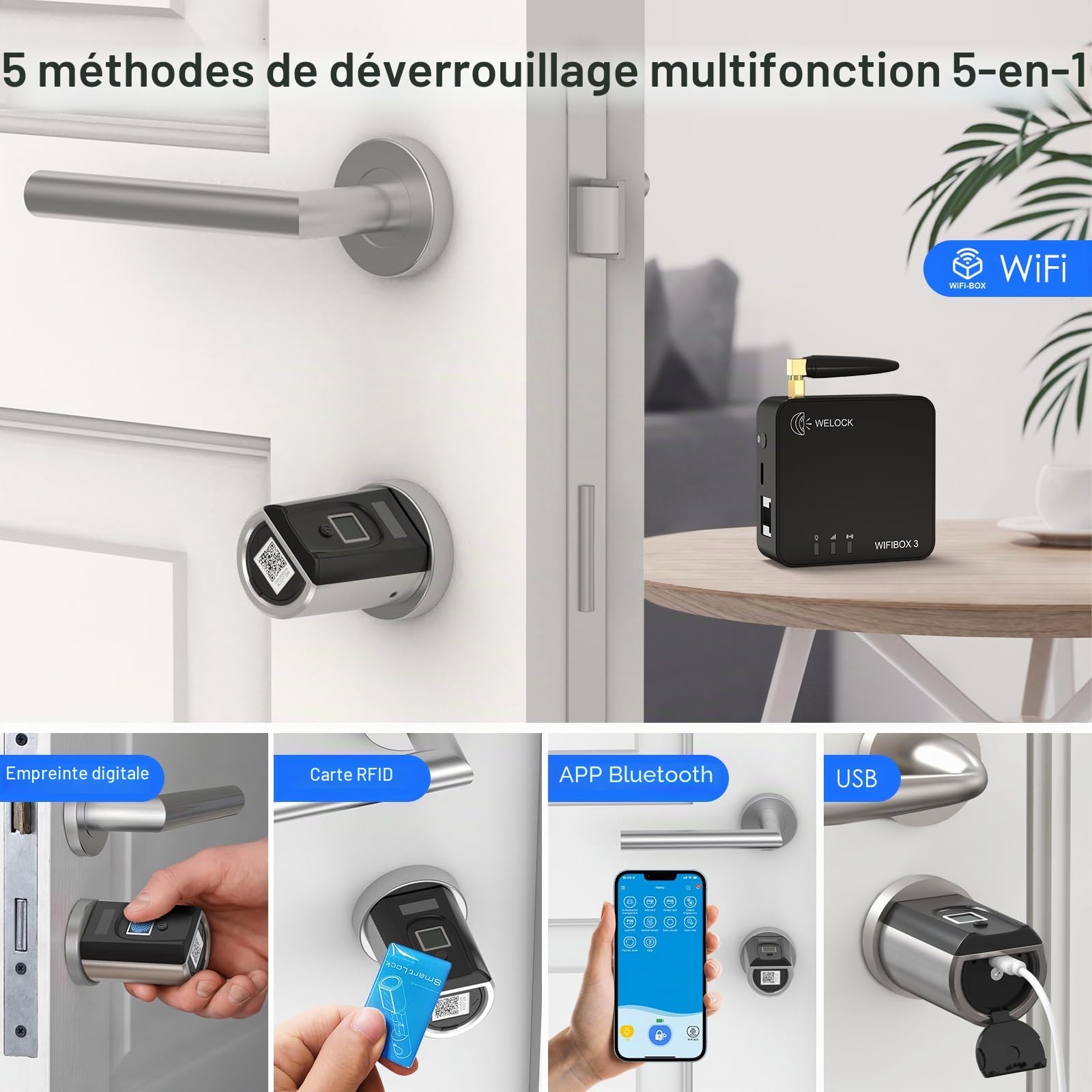 RUILON SECBN51 Serrure Empreinte Digitale avec 3 Cartes RFID 1 WIFIBOX | 30x30 Serrure connectée biometrique, IP65, Commande à distance, Intelligente, Portes 30-70 mm, Chambre Maison Bureau