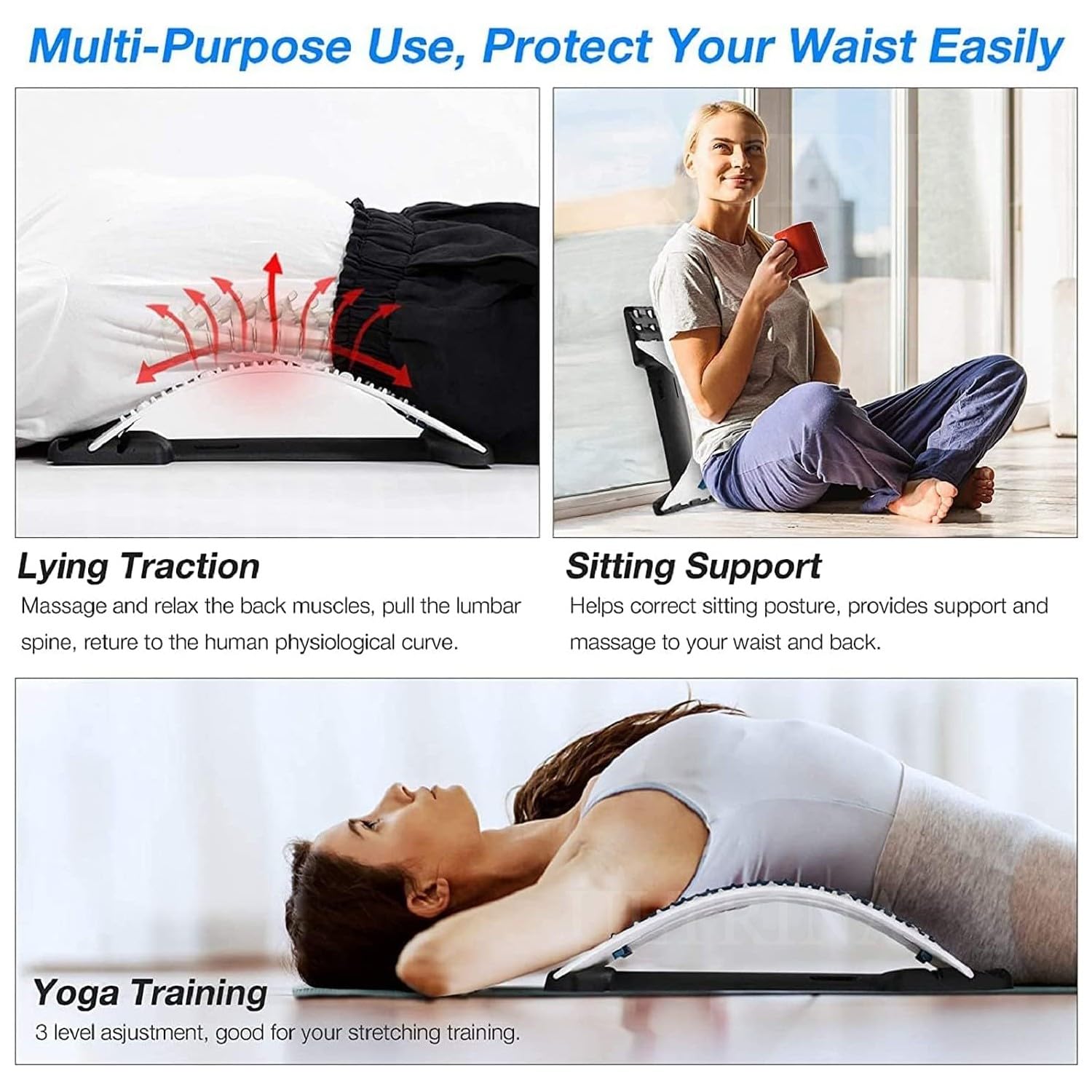 Ultrina back stretcher 3 level lumbar area back to lower and upper muscle pain support spinal curve back relaxation device bed chair and car, low back pain relief products. Ultrina back stretcher 3 level lumbar area back to lower and upper muscle pain support spinal curve back relaxation device bed chair and car, low back pain relief products.