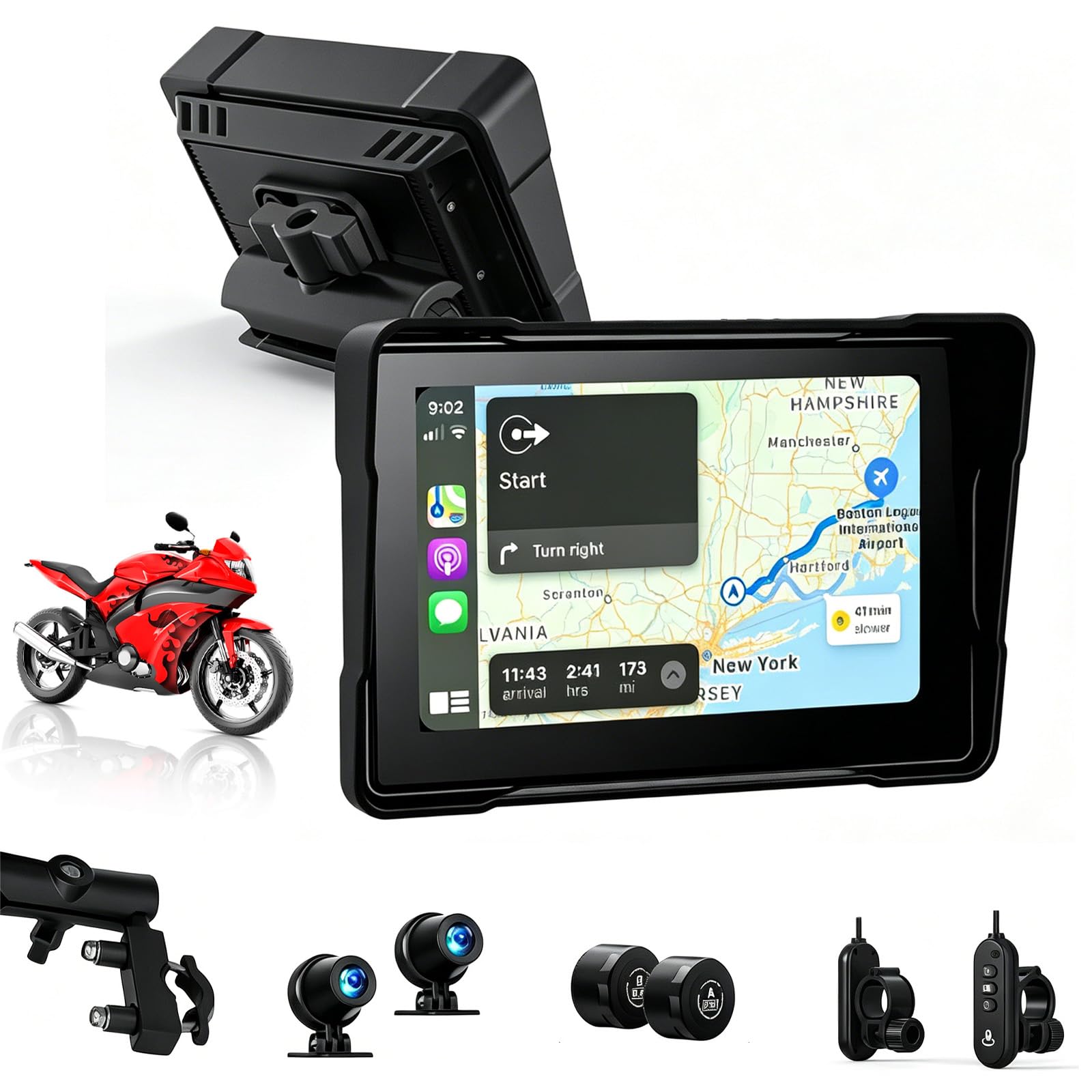 Motorrad Carplay Bildschirm mit Gegensprechfunktion für CarPlay, Android Auto,TPMS und Dual-Bluetooth –5-Zoll-Display,Wasserdicht, mit GPS-Navigation,Lichtsensor