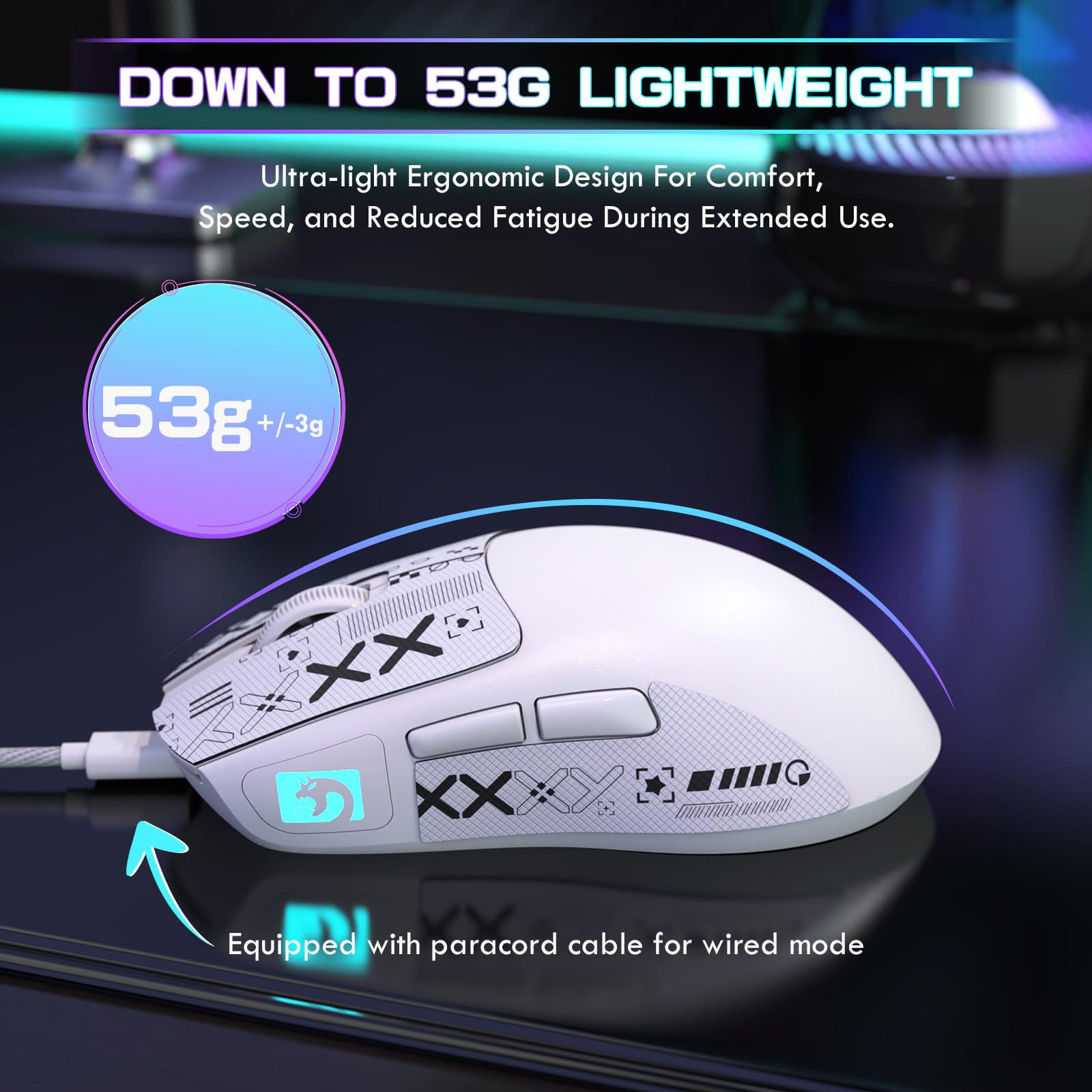 MAMBASNAKE M4 Mouse Gaming Wireless Ultra-Leggero, 53g, Sensore PAW3311, 24000 DPI, Bluetooth/2.4G/Cablato, RGB, Batteria 400mAh, 20M Click, per Gioco/Lavoro (Bianco-B)