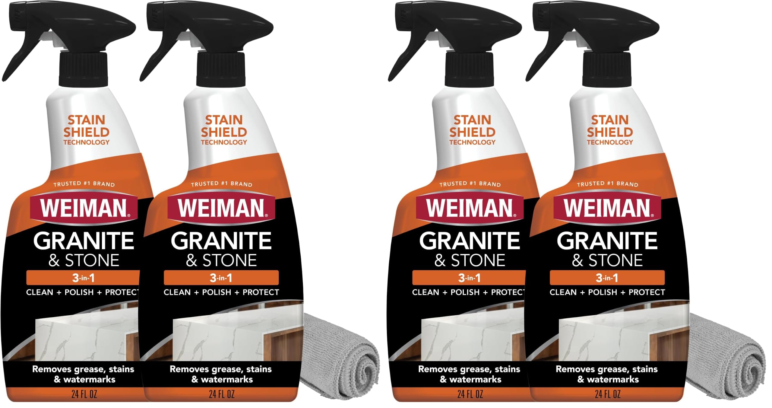 Weiman Granite and Stone Cleaner 3-in-1, Removes Grease, Stains &amp; Watermarks, Streak-Free Formula with Stain Shield Technology, Safe on Marble, Quartz, Tile, Granite, Quartzite &amp; Slate (Pack of 2)