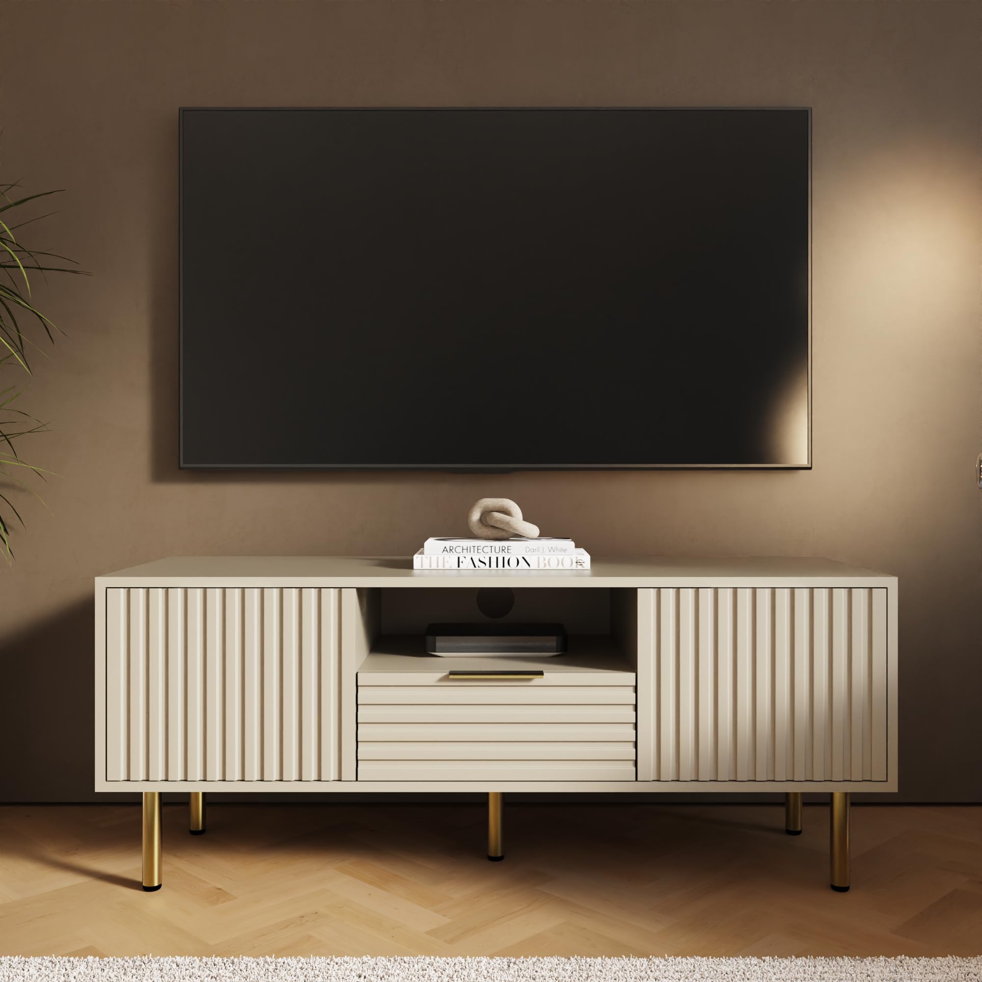 GFW Nervata TV Unit in Ivory, Art Deco Entertainment Stand with Drawer, Cupboards & Gold Effect Accents