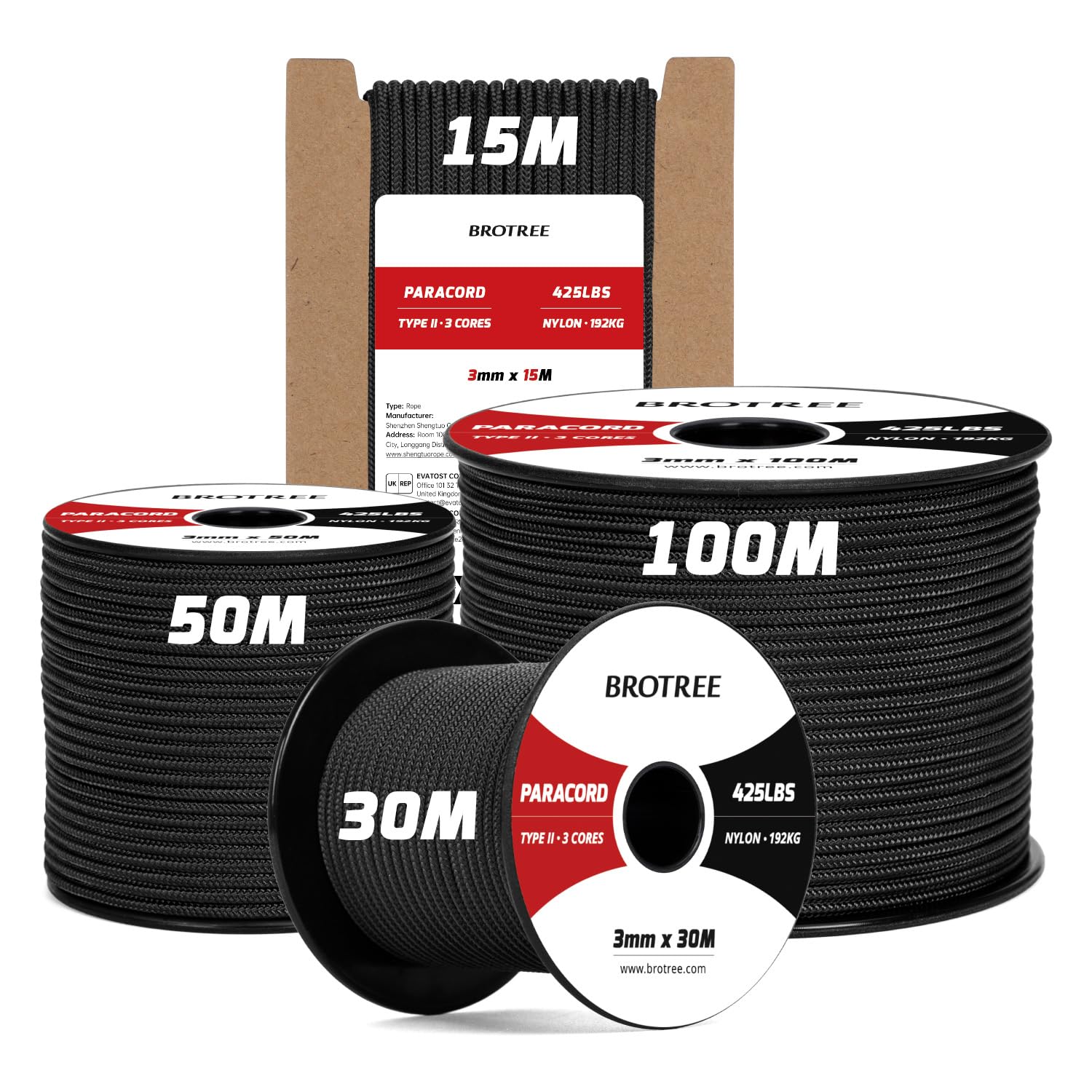 Brotree Paracorde 3mm 30M 100% Nylon Corde Paracorde 425 3 Brins Corde Parachute Type II pour Extérieur, Artisanat - 192kg Charge de Rupture (Noir)