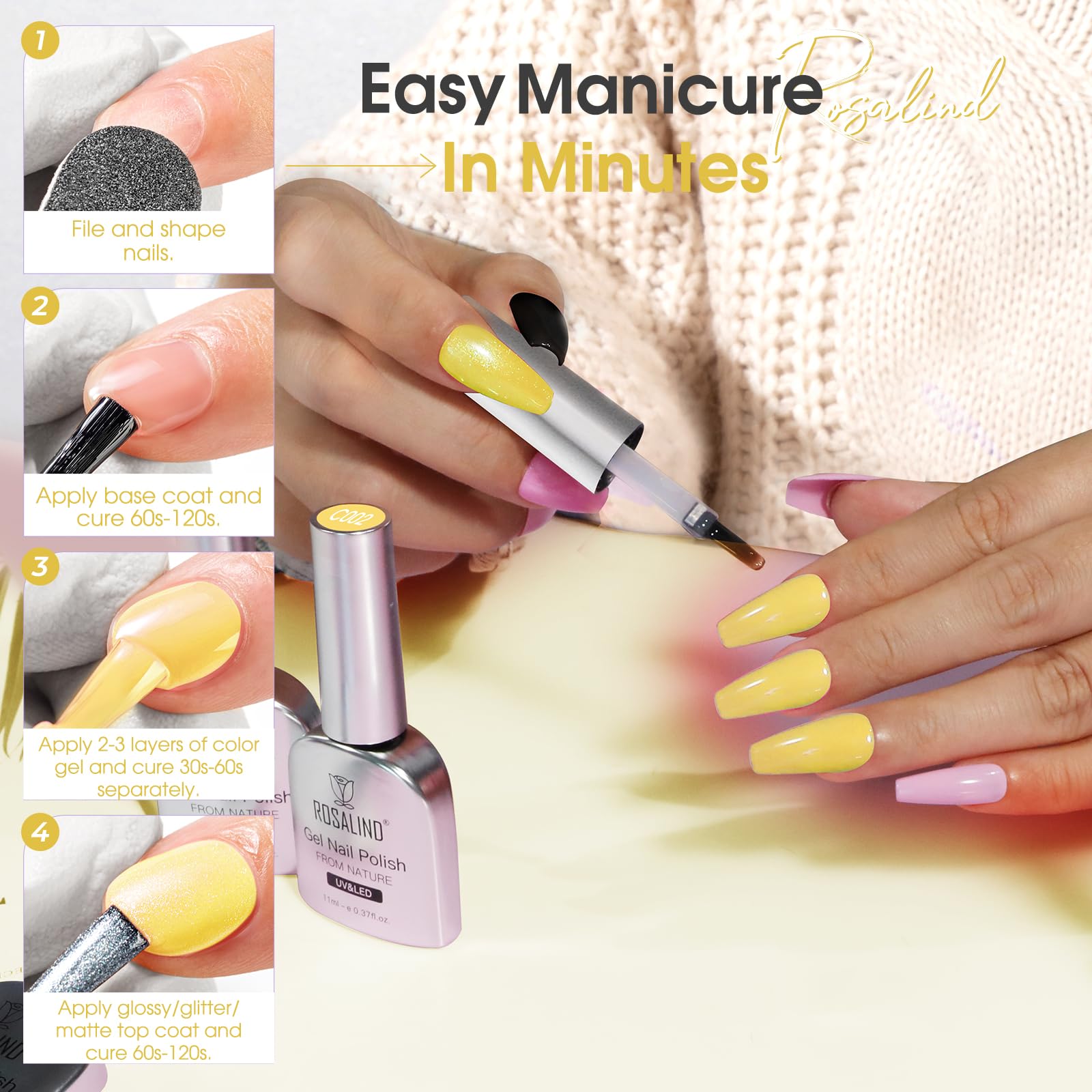 ROSALIND Semi-Permanent Nail Polish, 12 ml Yellow Semi-Permanent Nail Polish, UV/LED Soak Off Spring Summer Nail Polish for DIY Manicure — view 7