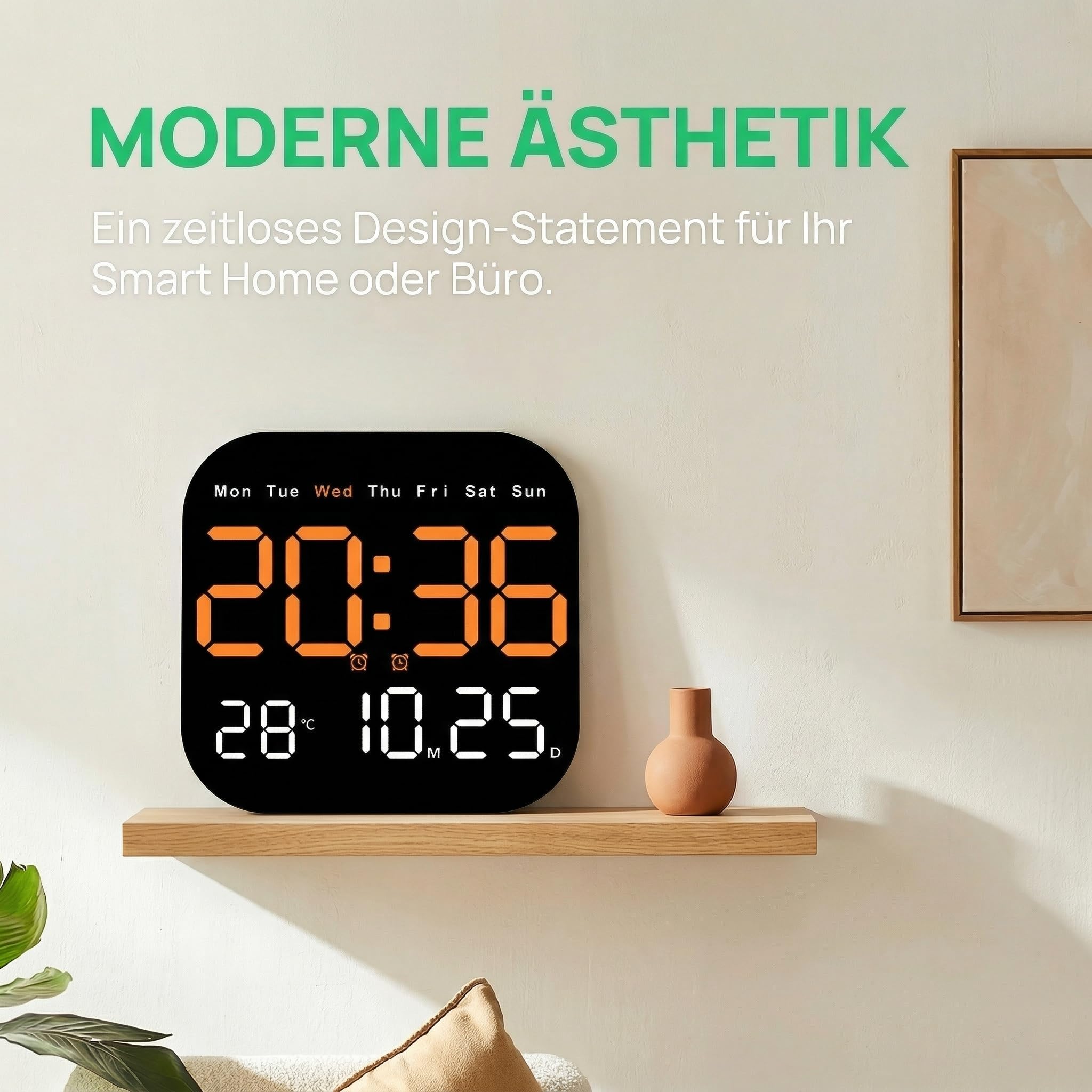 Multifunktionaler Digitaluhr mit LED-Display, Temperatur-, Datum- und Wochentag-Anzeige, Wandmontage, Tischständer, Fernbedienung, Helligkeit Regulierbar, für Zuhause und Büro (Rosa)