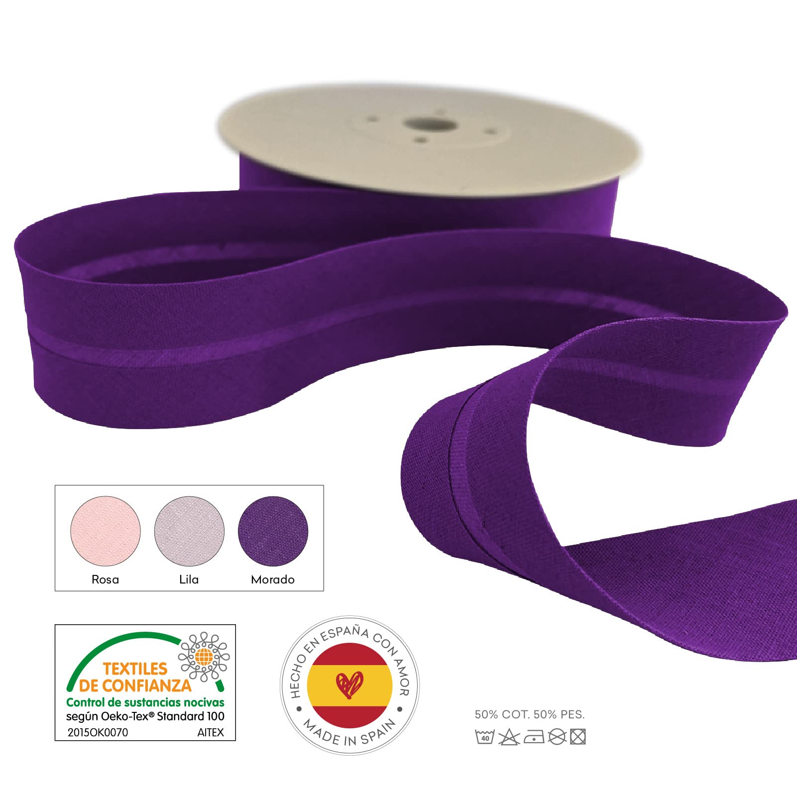 TEXTEX = Biais de 20mm de Large. 50% Coton et 50% Polyester. Pack de 3 Pièces de 10m Chacune - (Rose- Lilas- Violet)