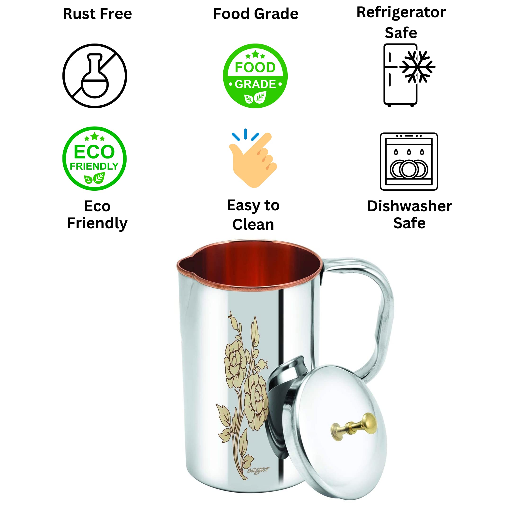SAGAR Stainless Steel Jug for Water 1.6 Litre with Handle, Traditional Copper Laser Art Design Water Jug (1600 ml) 2