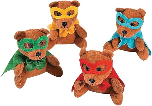 Fun Express Osos de peluche de superhéroe para niños, juego a granel de 12 juguetes de peluche de súper osos, regalos, folletos y recuerdos de fiesta
