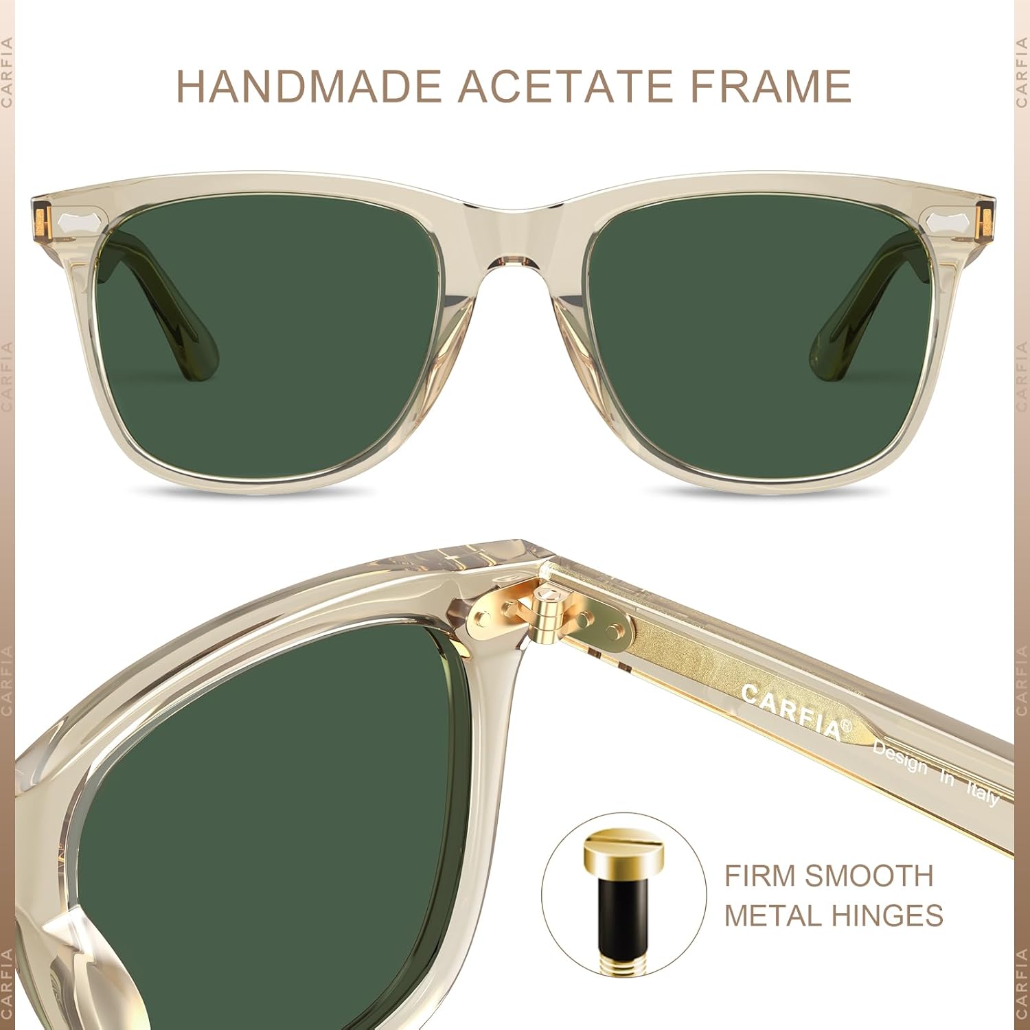 CARFIA Square Polarized Sunglasses for Men UV400 Protection Retro Acetate Italian Hand-crafted Driving Shades