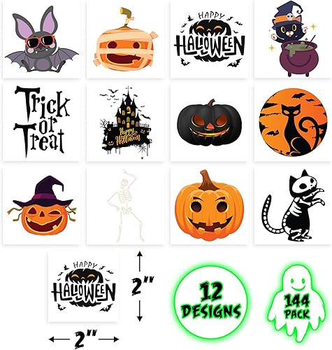 Miniatura 4 de ArtCreativity Tatuajes temporales de Halloween que brillan en la oscuridad, juego de 144, tatuajes temporales para niños en 12 diseños