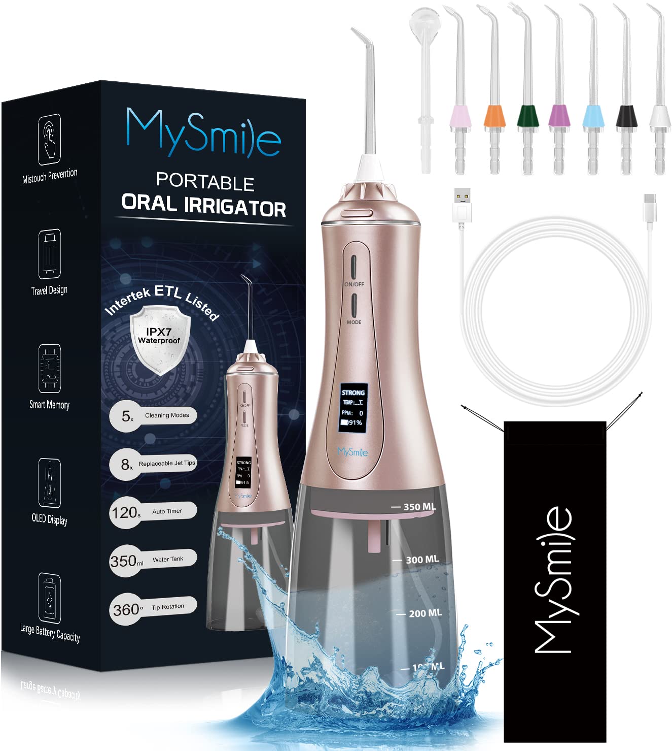 MySmilePowerful Cordless Water Dental Flosser Portable Oral Irrigator with OLED Display 5 Modes 8 Replaceable Jet Tips and 350 ML Detachable Water Tank for Home Travel Use (Rose Gold)