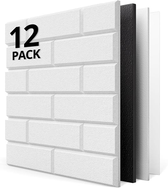 Kuchoow Sound Proofing Wall Panels Self Adhesive with MLV, 12 Pack Brick Acoustic Panel for Sound Absorbing, Noise Reduction & Soundproofing in Studio, Room, Office, 12" x 12" x 0.4", White - 1