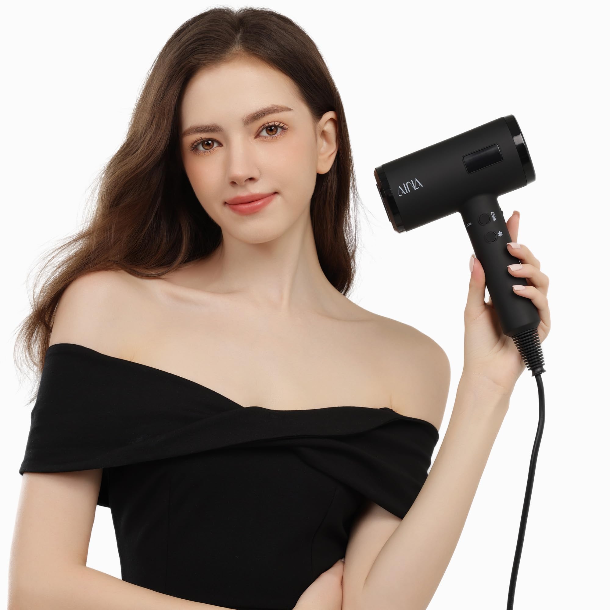 AINA Professioneller Haartrockner (neue Tech)2300W Föhn mit Diffusor,Bürstenkamm für Frauen | BLDC Bürstenloser Motor 150.000 U/min | Ionic | LED-Anzeige | 4 magnetische Aufsätze 230V/EU(Schwarz)