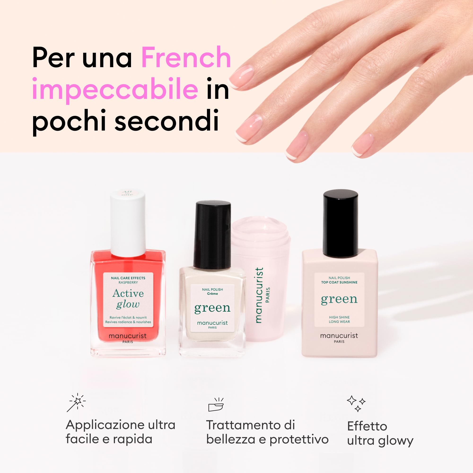 French Manicure Kit di Manucurist - Active™ Glow Raspberry, Smalto Unghie Green™ Crème, Mani Stamper, Top Coat Effetto Gel Green™ - Kit French Unghie