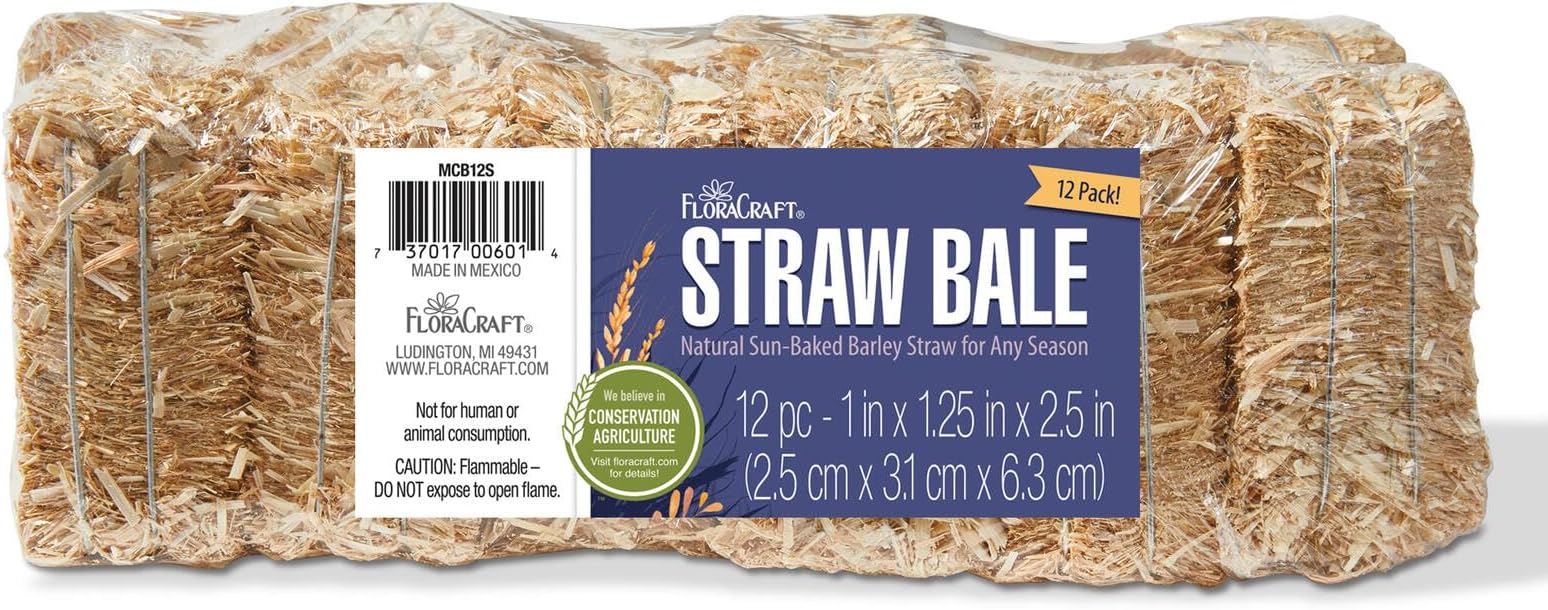 FloraCraft 12 Piece Decorative Straw Bale 1 Inch x 1.25 Inch x 2.5 Inch Natural