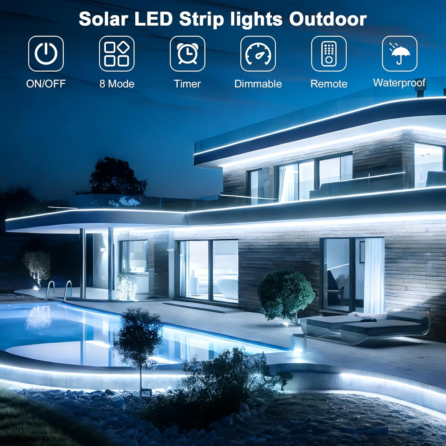 Upgrade Solar Led Strip Lights Outdoor, 50ft Solar Rope Lights Self-Adhesive Waterproof, 8 Mode with Remote Timer and Auto On/Off, Perfect for Deck, Patio, Poolside, Camping Decor, Cold White