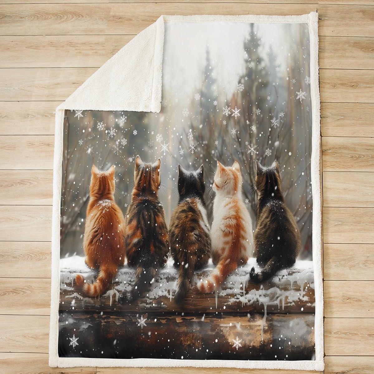 Feelyou Kids Boys Girls Kawaii Cat Fleece Throw Blanket for Sofa Bed Couch Cute Pet Cat Sherpa Blanket for Teens Winter Snow and Cat Plush Blanket 3D Animal Theme Cat Bed Blanket 60"x80"
