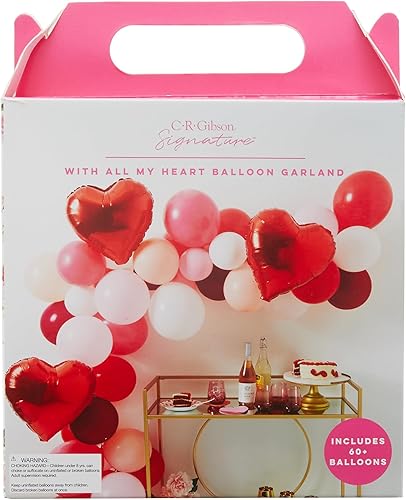 C.R. Gibson CBGM-25403 Kit de arco de guirnalda de globos con todo mi corazón, kit de arco de globos de 16 pies, más de 60 globos rojos, rosas y