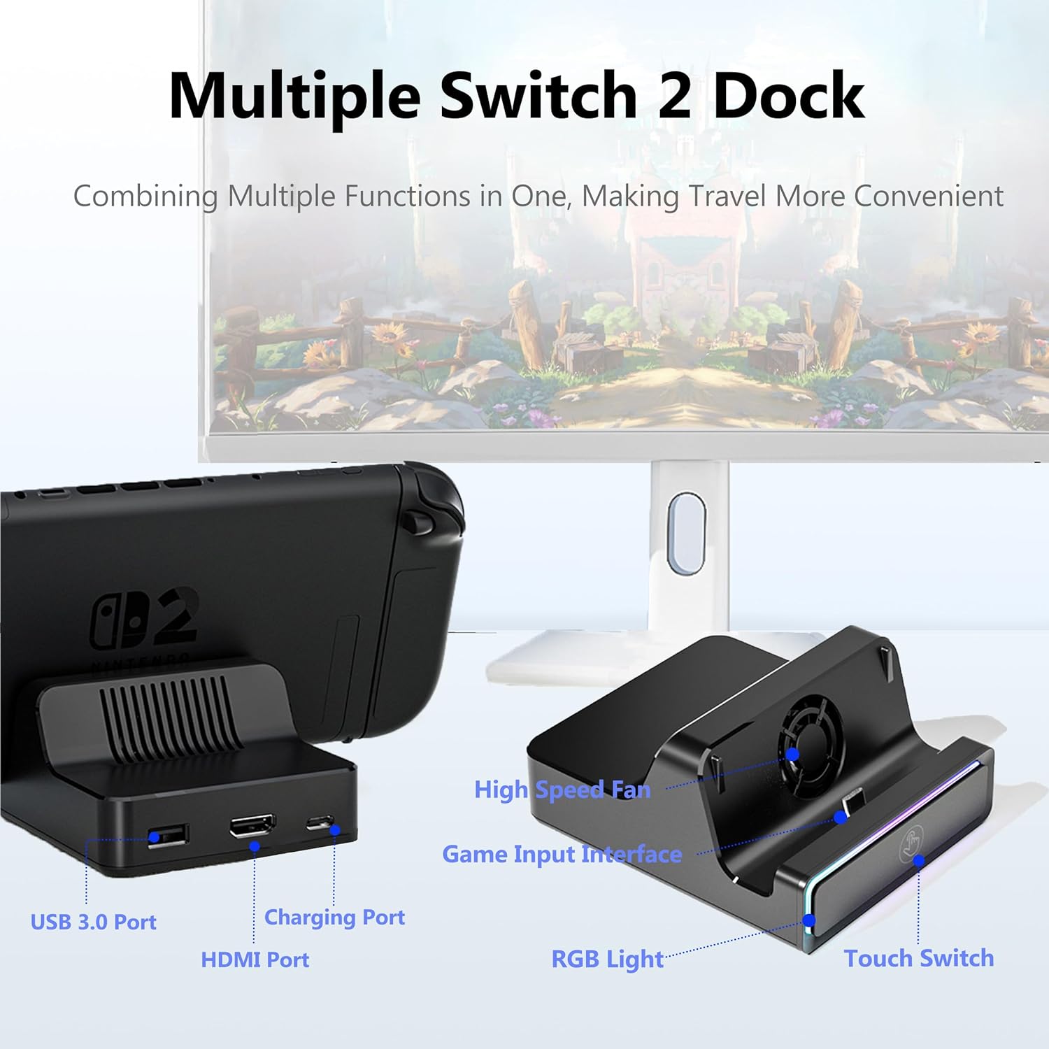 Switch 2 Dock for Nintendo Switch 2, Portable TV Docking Station Replacement with 4K@144Hz, USB Port, Type C 100W Charging, Portable Switch TV Adapter with RGB Light - Image 7