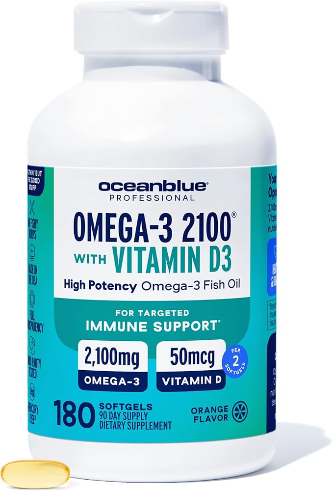 Oceanblue Professional Fish Oil with Vitamin D3 | Triple Strength 2100mg Omega-3 DPA EPA DHA | Wild Caught | Burpless Orange Flavor | 180 Softgel Capsules