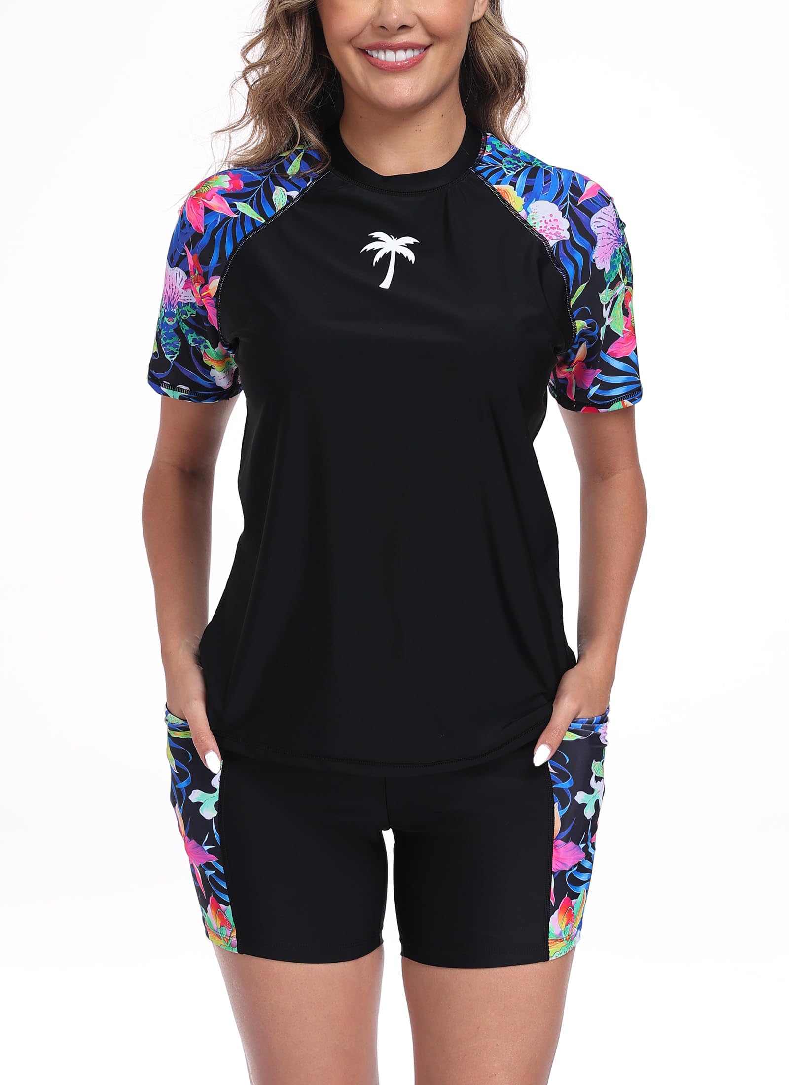 Halcurt Women's 2 Piece Rash Guard Swim Shirts Built in Bra Boyleg Swimsuit