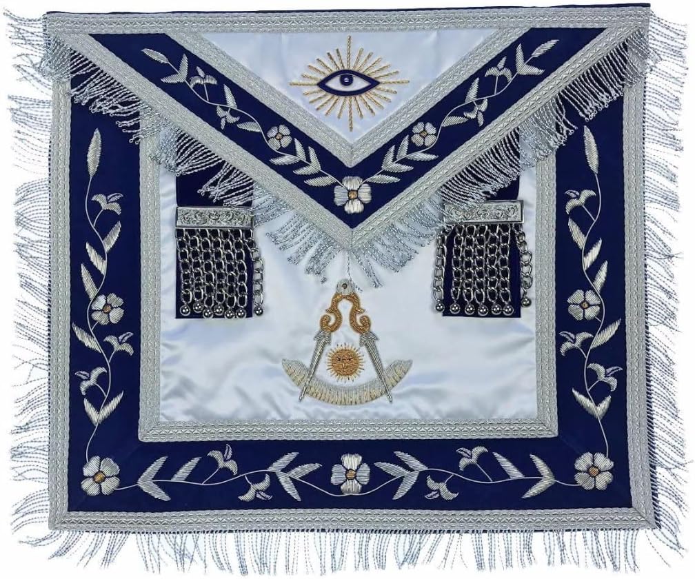 BRICKS MASONS Past Master Blue Lodge Apron - White & Blue Silk with Bullion Embroidery
