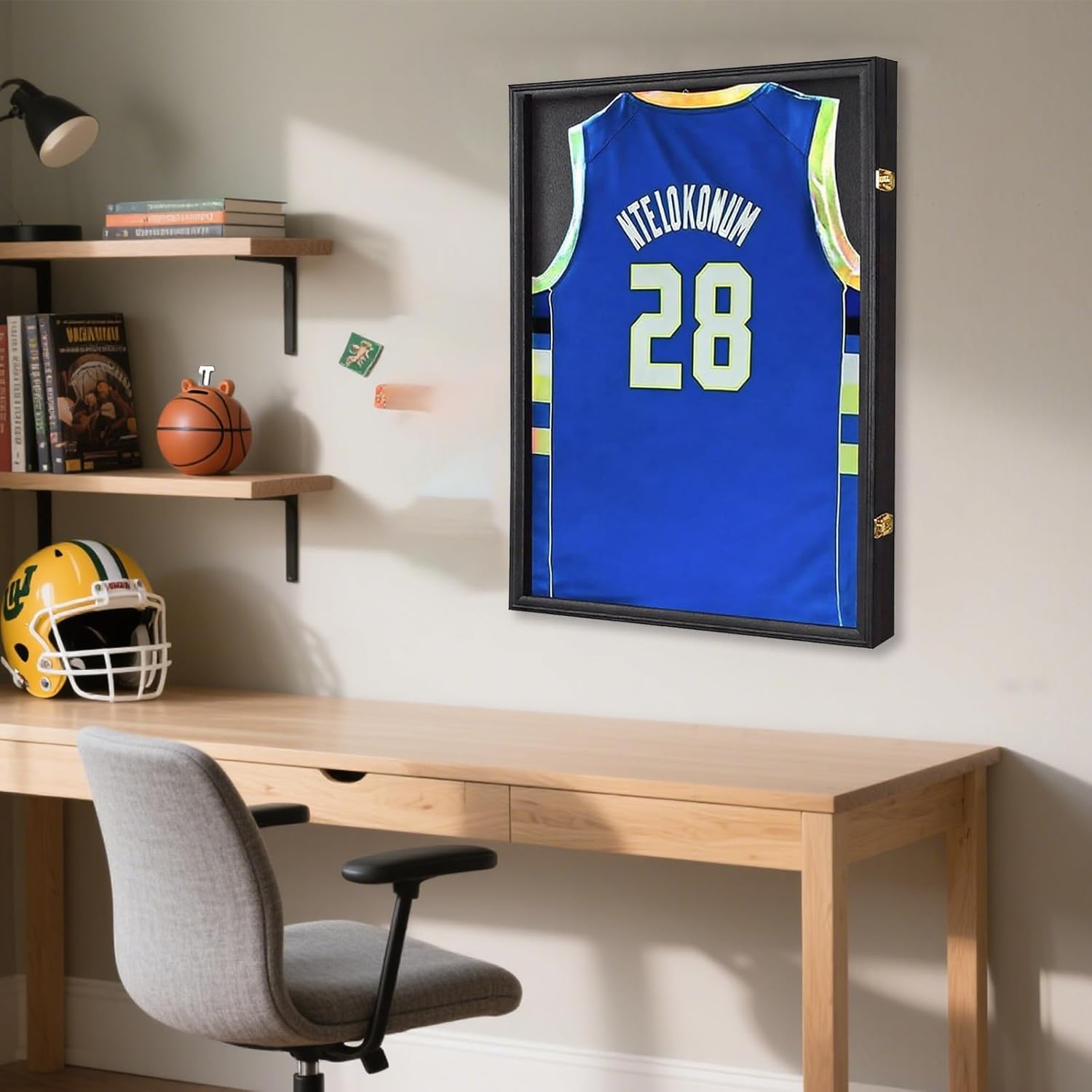 Jersey Frame Display Case for Wall ,Large Lockable T-Shirt Shadow Box with Sticker Lining & Clear UV Protection Acrylic & Hangers for Football Basketball Baseball Soccer Hockey 4 Pack