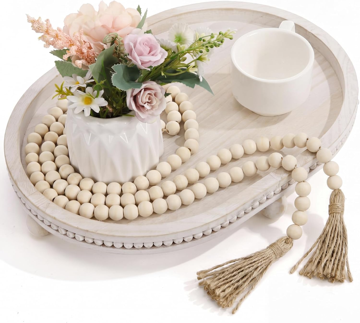 Mumufy 16" x 11.8" Oval Decorative Tray with 58" Bead Garland, White Washed
