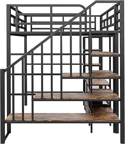 Miniatura 18 de LZ LEISURE ZONE Cama alta individual con escritorio, marco de cama alta de metal, cama tipo loft tamaño individual con escalera y barandillas de